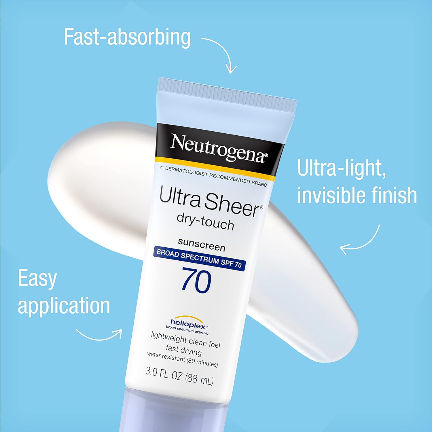 Neutrogena Ultra Sheer Dry-Touch Water Resistant and Non-Greasy Sunscreen Lotion with Broad Spectrum SPF 70, 3 Fl Oz (Pack of 1) - 24hrsmart