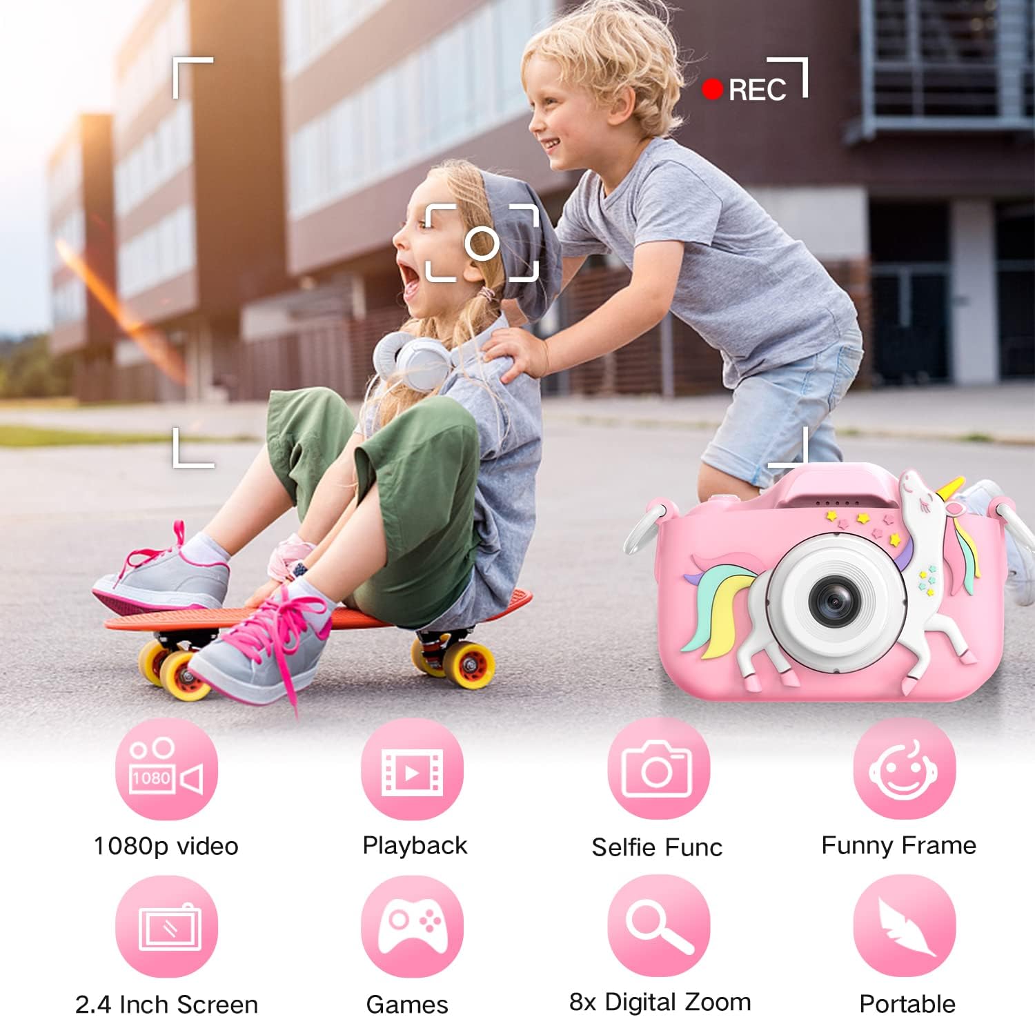 Goopow Kids Camera Toys for 3-8 Year Old Girls Boys,Children Digital Video Camcorder Camera with Cartoon Soft Cover, Best Chritmas Birthday Festival Gift for Kids - 32G SD Card Included 24hrsmart