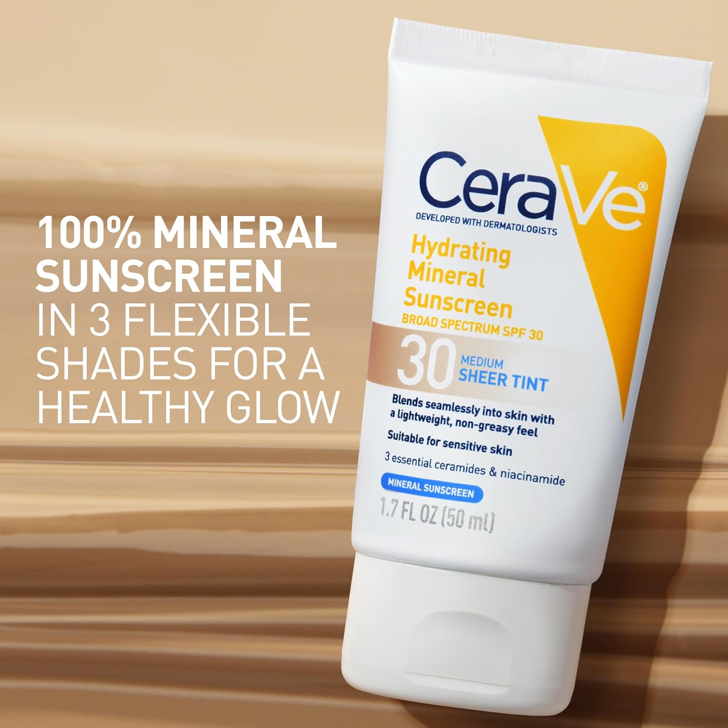 CeraVe Hydrating Mineral Sunscreen SPF 30 with Sheer Tint, Tinted Mineral Sunscreen with Zinc Oxide & Titanium Dioxide, Blends Seamlessly For Healthy Glow, 1.7 Fluid Ounce 24hrsmart
