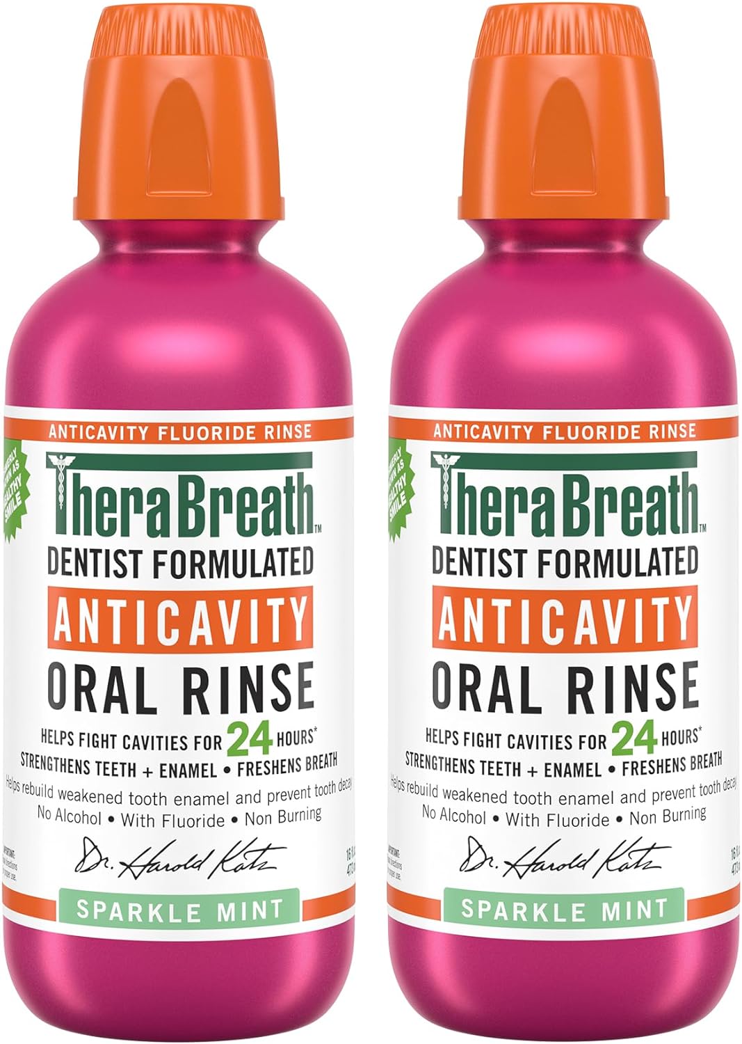 TheraBreath Cavity,Bad Breath Healthy Smile Dentist Formulated 24-Hour Oral Rinse, Fluoride Mouthwash, Sparkle Mint, 16 Ounce (Pack of 2) - 24hrsmart