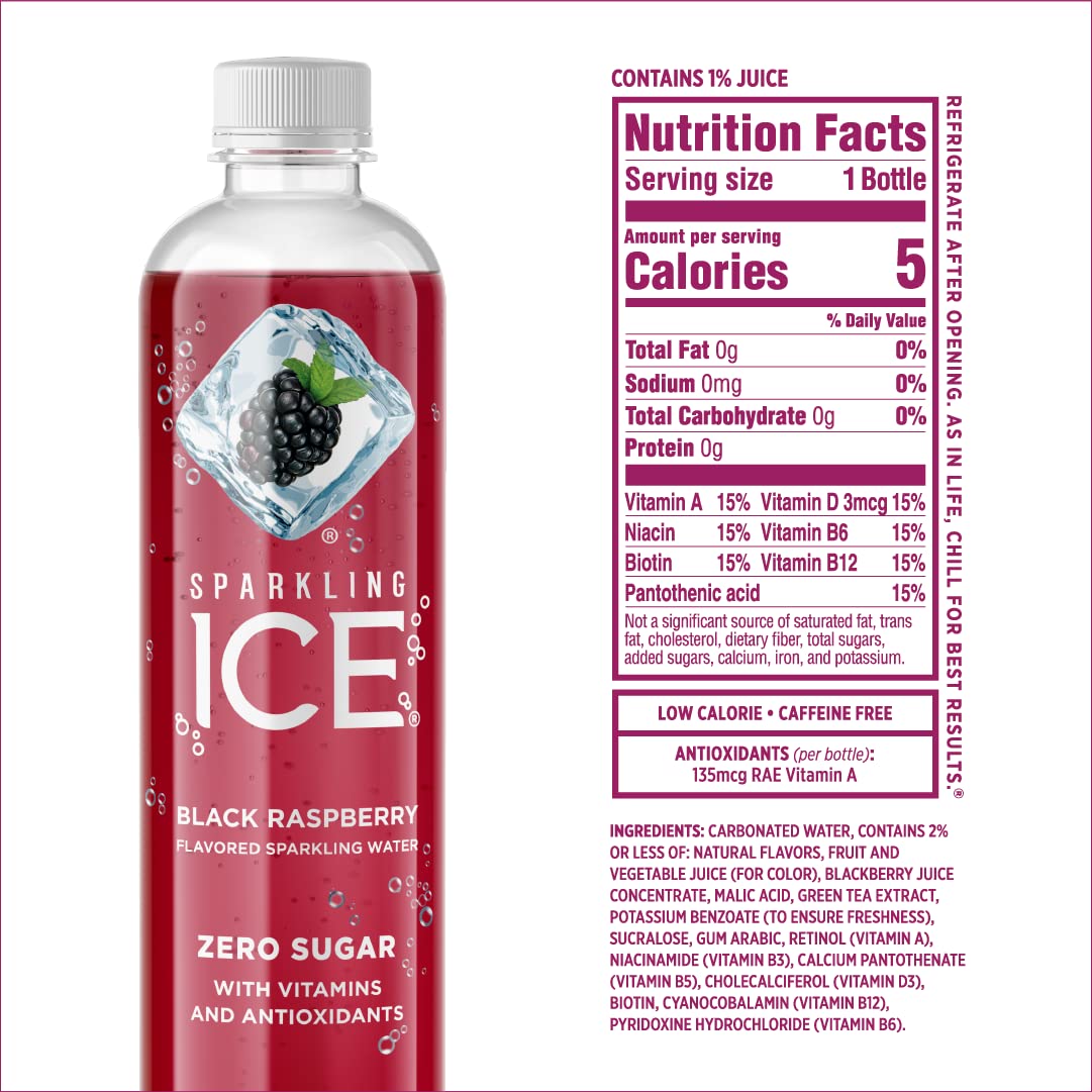 Sparkling ICE, Black Raspberry Sparkling Water, Zero Sugar Flavored Water, with Vitamins and Antioxidants, Low Calorie Beverage, 17 fl oz Bottles (Pack of 12) - 24hrsmart
