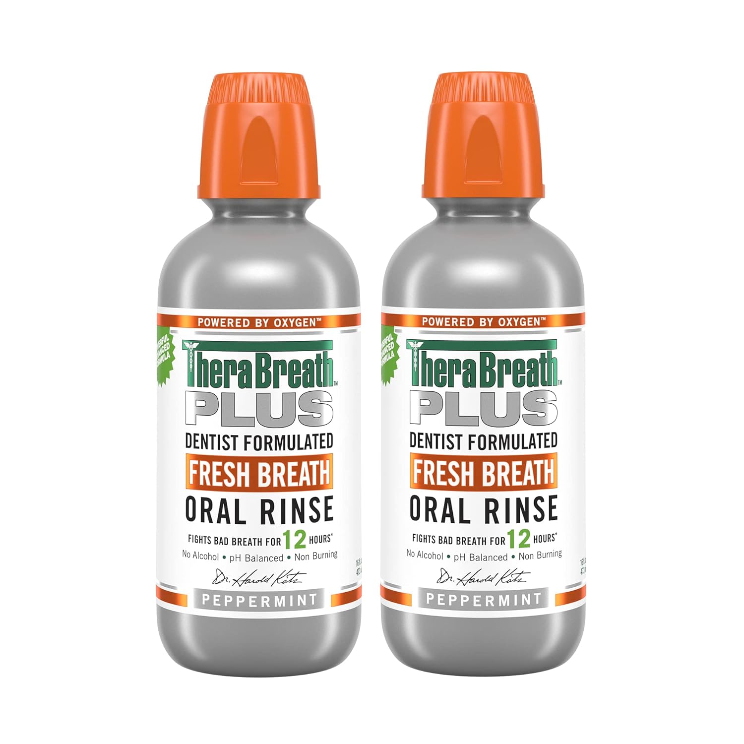 TheraBreath Fresh Breath PLUS Mouthwash, Peppermint Flavor, Alcohol-Free, 16 Fl Oz (Pack of 2) - 24hrsmart