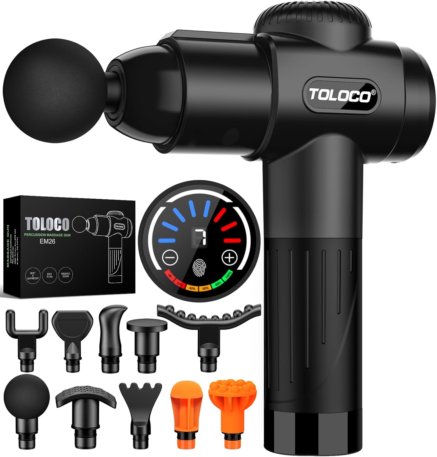TOLOCO Massage Gun, Deep Tissue Back Massage for Athletes for Pain Relief, Percussion Massager with 10 Massages Heads & Silent Brushless Motor, Black 24hrsmart