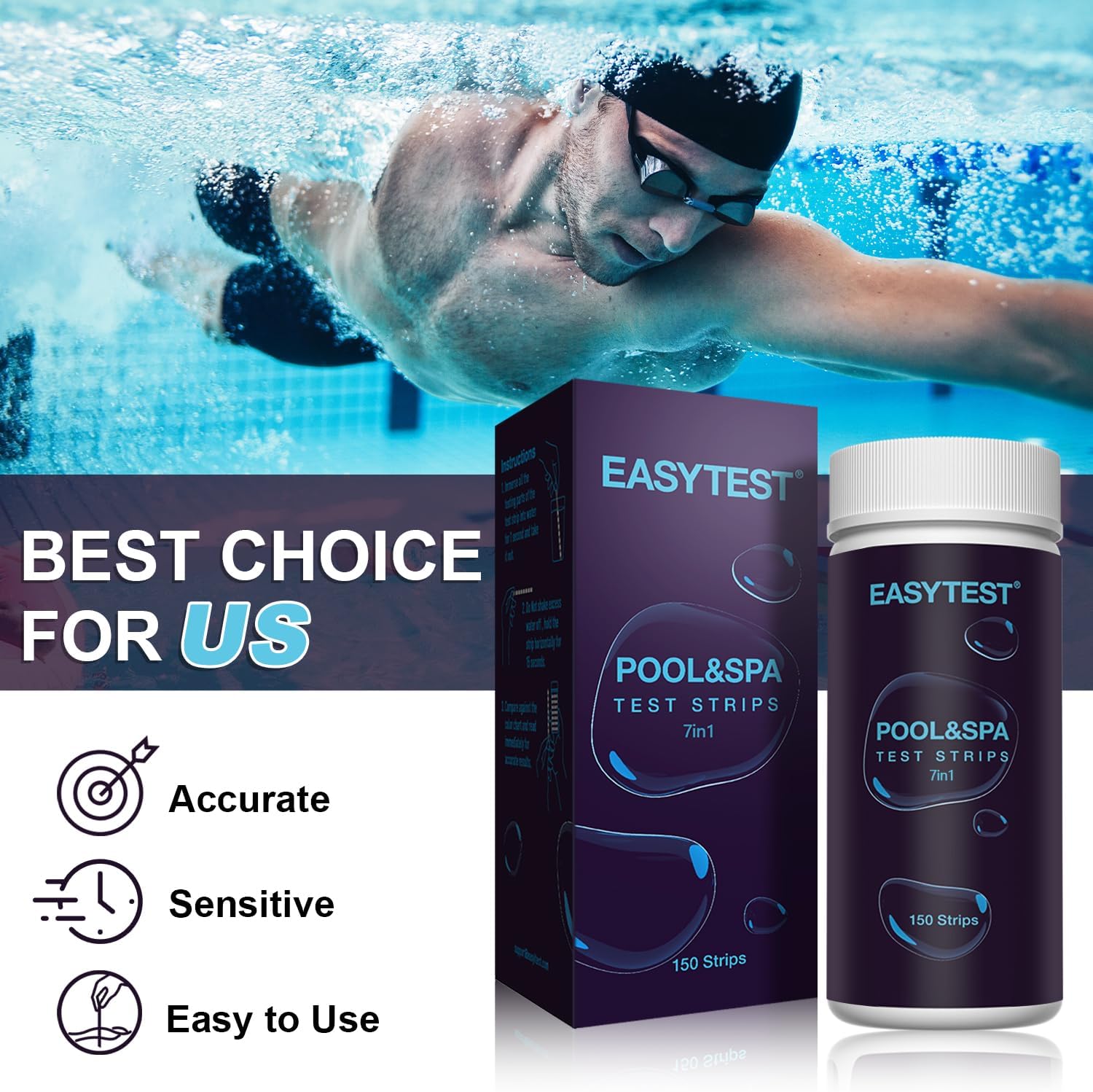 EASYTEST 7-Way Pool Test Strips, 150 Strips Water Chemical Testing for Hot tub and Spa, Accurate Test Bromine, Total Alkalinity, pH, Free Chlorine, Total Hardness, Cyanuric Acid, and Total Chlorine 24hrsmart