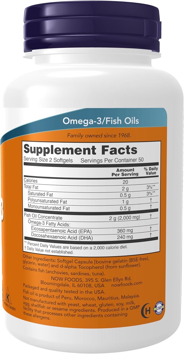 NOW Foods Omega-3 Fish OIl, 1000 mg, 100 Softgels