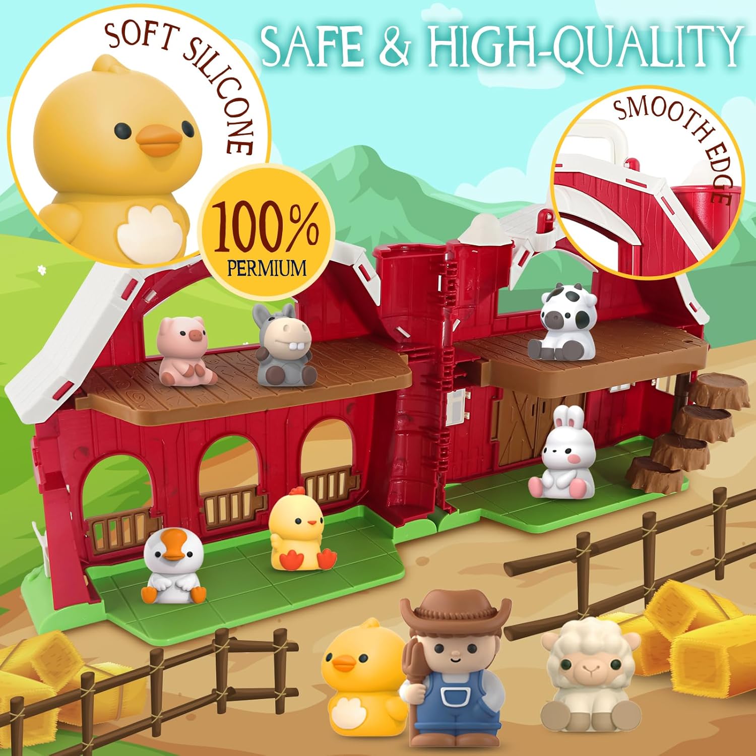 Toys for 1 2 3 Years Old Boys and Girls, Big Barn Toy with Farm Animal, Preschool Montessori Toy, Farm Playset with Big Red Barn & Farmer 24hrsmart