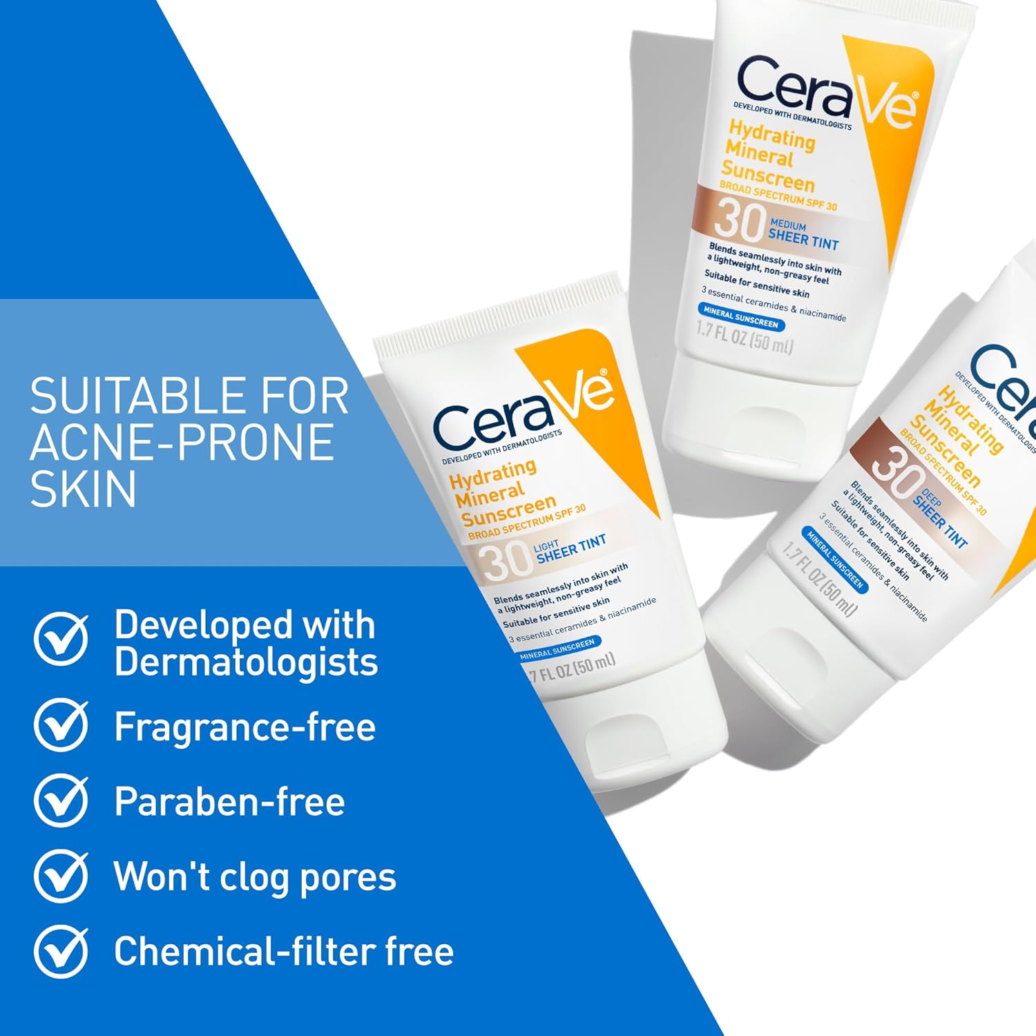 CeraVe Hydrating Mineral Sunscreen SPF 30 with Sheer Tint, Tinted Mineral Sunscreen with Zinc Oxide & Titanium Dioxide, Blends Seamlessly For Healthy Glow, 1.7 Fluid Ounce 24hrsmart