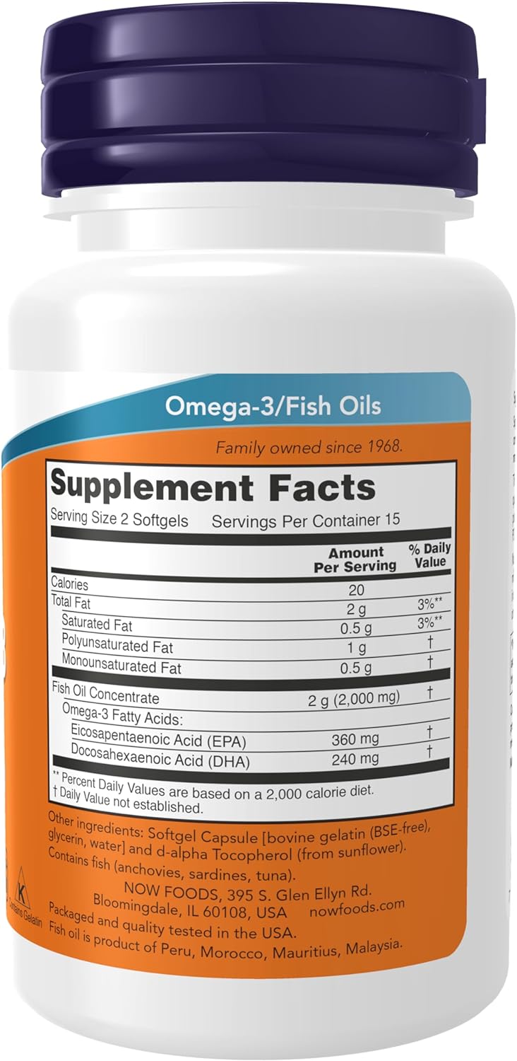 NOW Foods Omega-3 Fish Oil, 1000 mg, 30 Softgels 24Hr Smart
