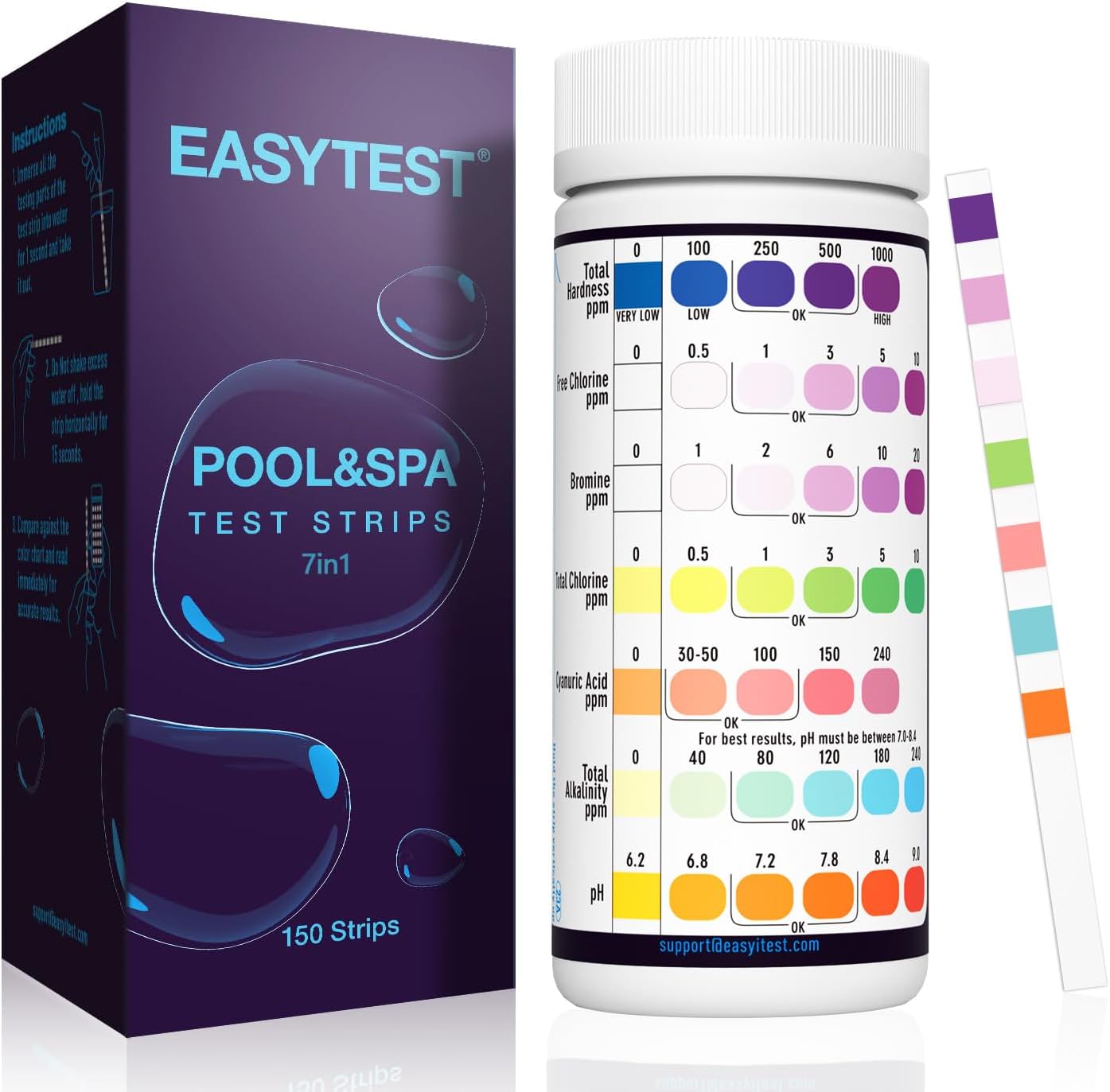 EASYTEST 7-Way Pool Test Strips, 150 Strips Water Chemical Testing for Hot tub and Spa, Accurate Test Bromine, Total Alkalinity, pH, Free Chlorine, Total Hardness, Cyanuric Acid, and Total Chlorine 24hrsmart