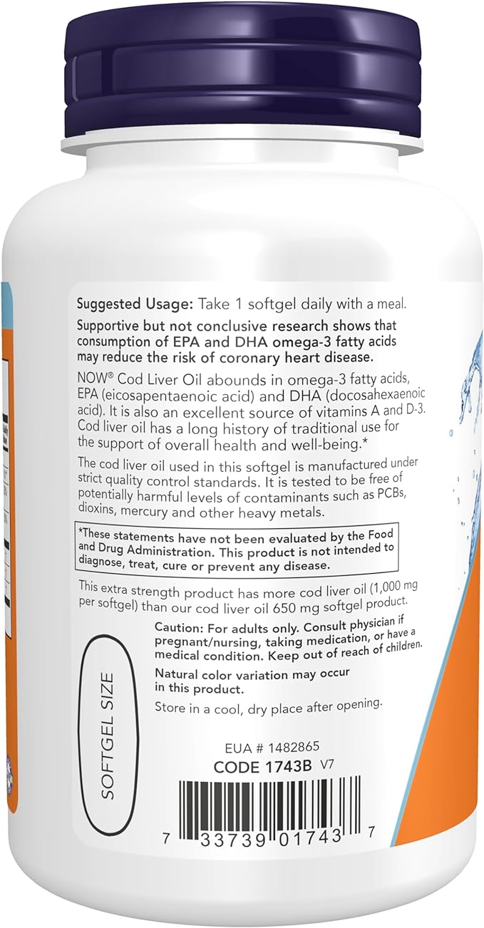 NOW Foods Cod Liver Oil Extra Strength, 1000 mg, 90 Softgels 24Hr Smart