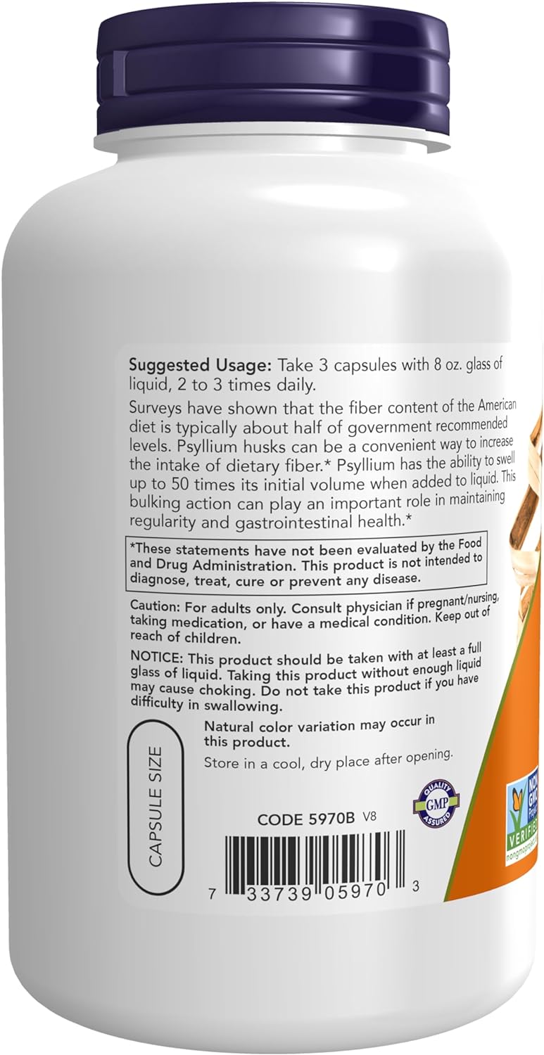 NOW Foods Psyllium Husk, 500 mg, 200 Capsules 24Hr Smart