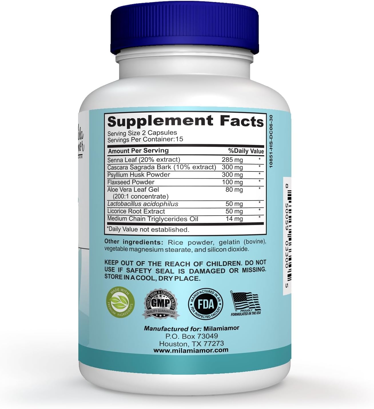 Milamiamor 15 Day Cleanse - Gut and Colon Support - Advanced Gut Cleanse Detox for Women & Men with Senna, Cascara Sagrada & Psyllium Husk - Non-GMO - Made in USA - 30 Capsules 24Hr Smart