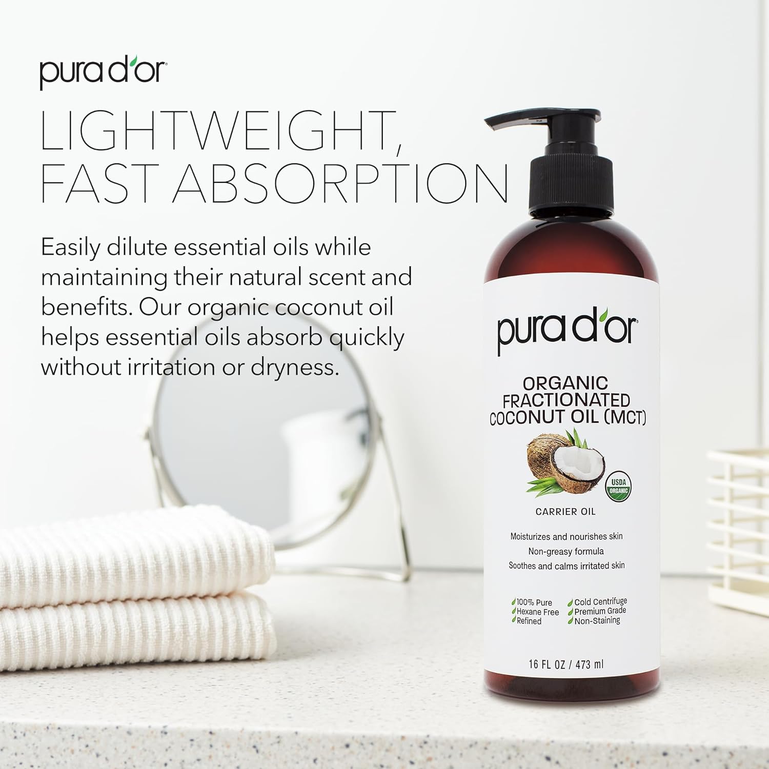 PURA D'OR 16 Oz Organic Fractionated Coconut Oil - 100% Pure & Natural USDA Certified Cold Pressed Carrier Oil, Scent-Free - Aciete De Coco Liquid Moisturizer For Face Skin & Hair, Men & Women - 24hrsmart