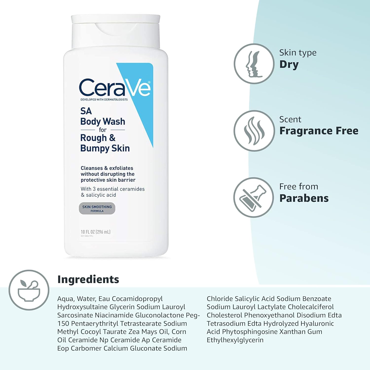 CeraVe Body Wash with Salicylic Acid | Fragrance Free Body Wash to Exfoliate Rough and Bumpy Skin | Allergy Tested | 10 Ounce - 24hrsmart