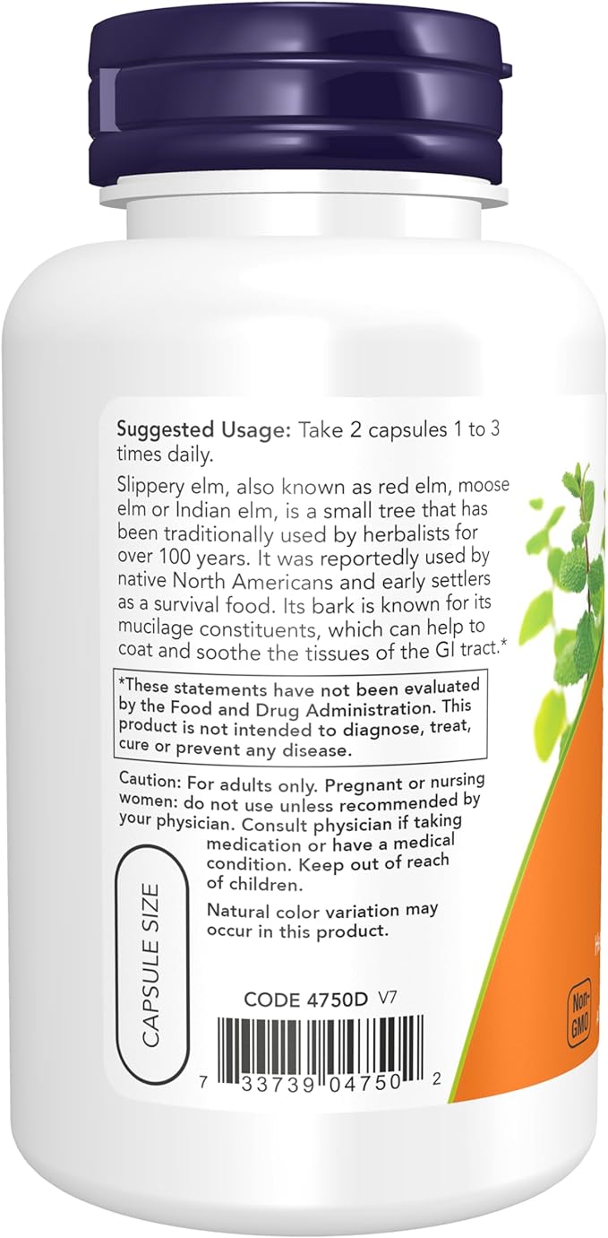 NOW Foods Slippery Elm, 400 mg, 100 Veg Capsules 24Hr Smart