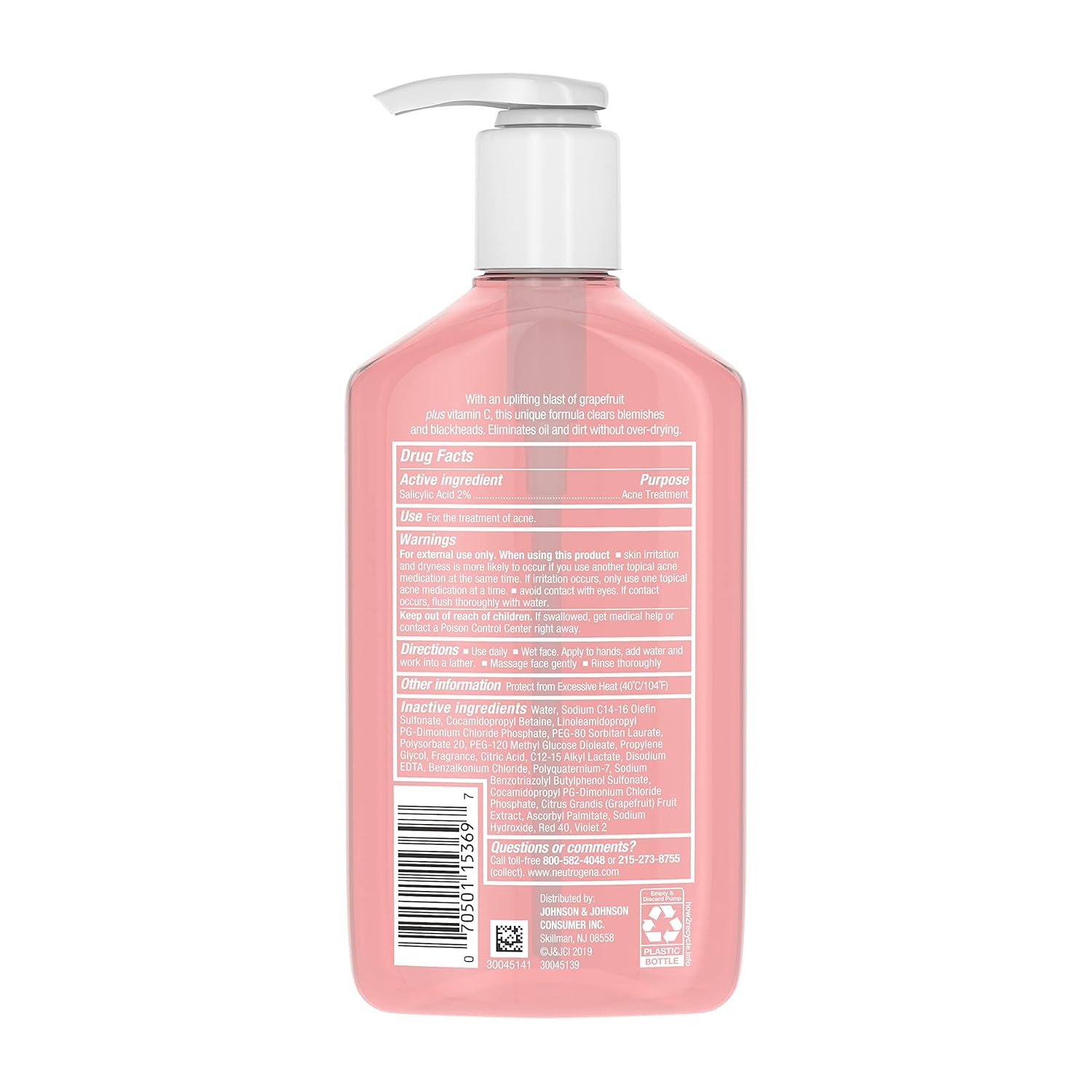 Neutrogena Oil-Free Salicylic Acid Pink Grapefruit Pore Cleansing Acne Wash and Facial Cleanser with Vitamin C, 9.1 fl. oz - 24hrsmart