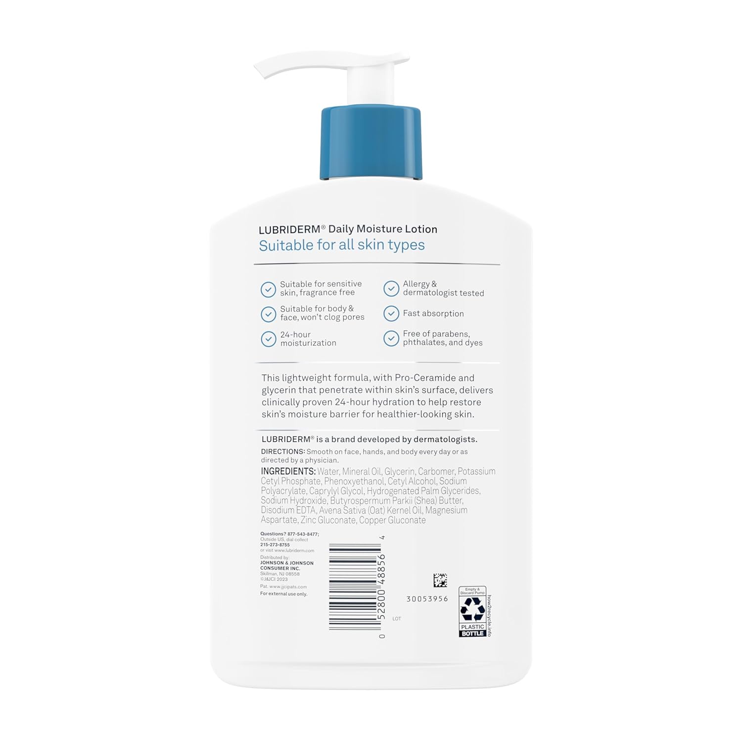 Lubriderm Fragrance Free Daily Moisture Lotion + Pro-Ceramide, Shea Butter & Glycerin, Face, Hand & Body Lotion for Sensitive Skin, Hydrating Lotion for Healthier-Looking Skin, 16 fl. oz - 24hrsmart