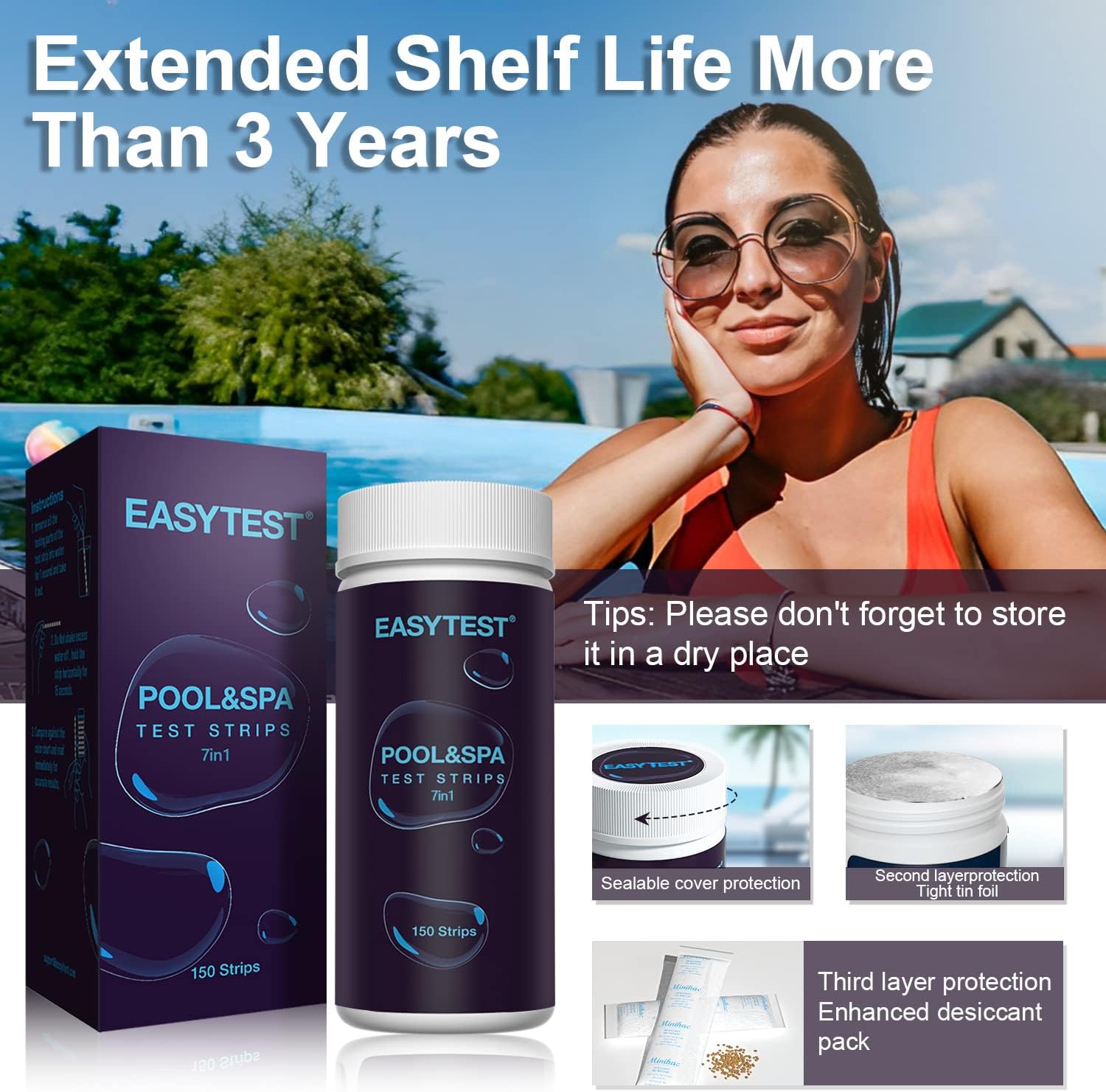 EASYTEST 7-Way Pool Test Strips, 150 Strips Water Chemical Testing for Hot tub and Spa, Accurate Test Bromine, Total Alkalinity, pH, Free Chlorine, Total Hardness, Cyanuric Acid, and Total Chlorine 24hrsmart