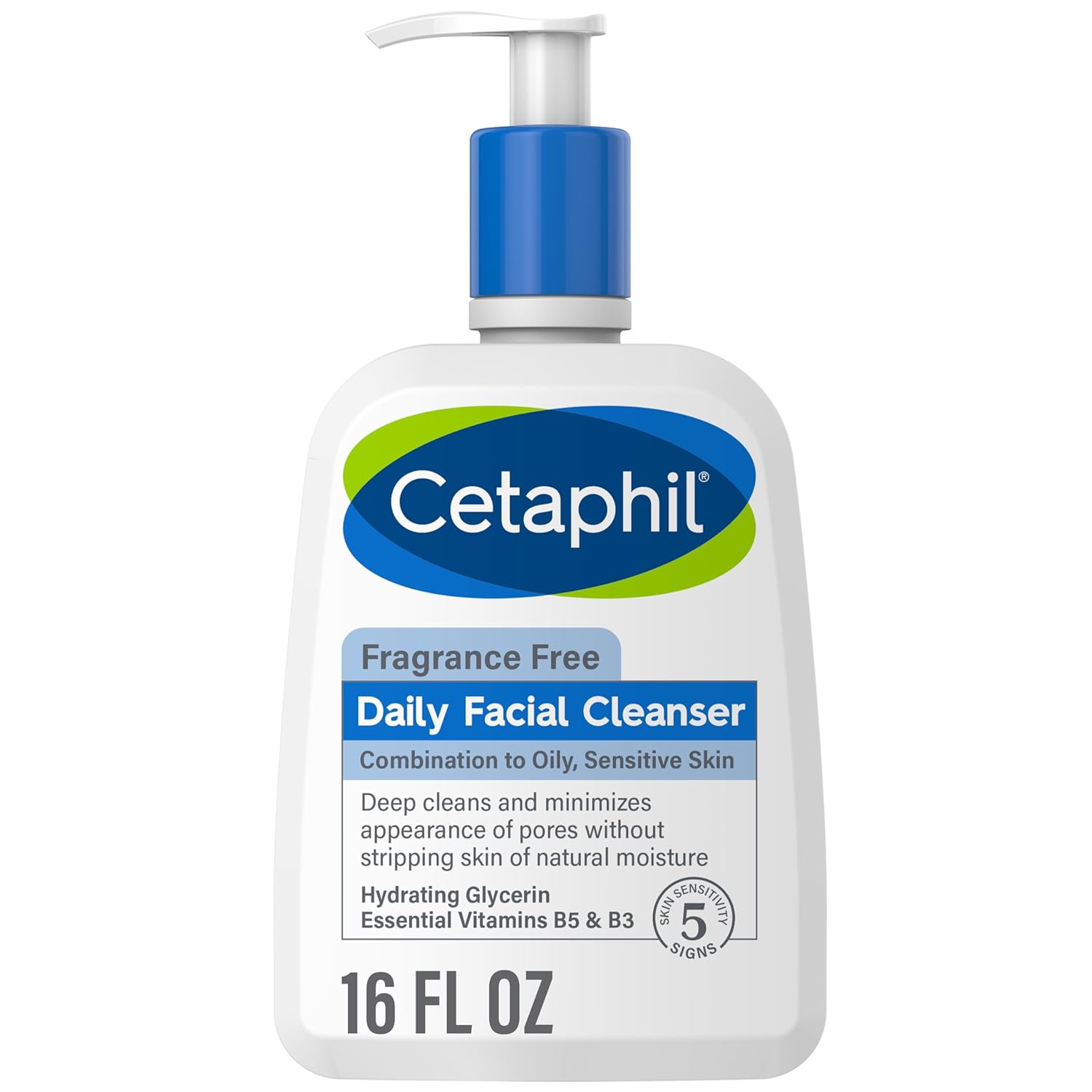 Cetaphil Face Wash, Daily Facial Cleanser for Sensitive, Combination to Oily Skin, NEW 16 oz, Fragrance Free,Gentle Foaming, Soap Free, Hypoallergenic 24Hr Smart