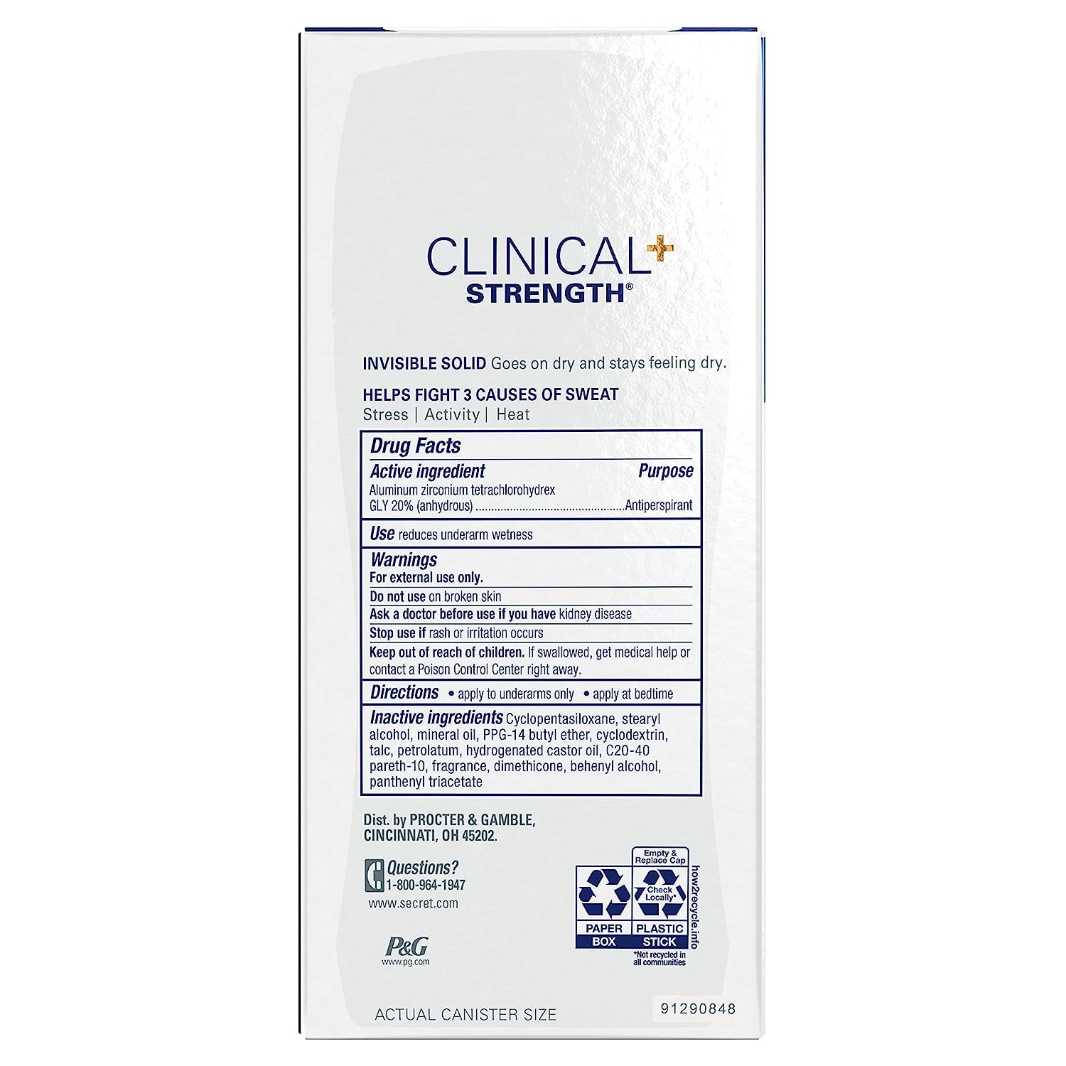 Secret Clinical Strength Antiperspirant and Deodorant for Women Invisible Solid Completely Clean 2.6 Oz 24Hr Smart