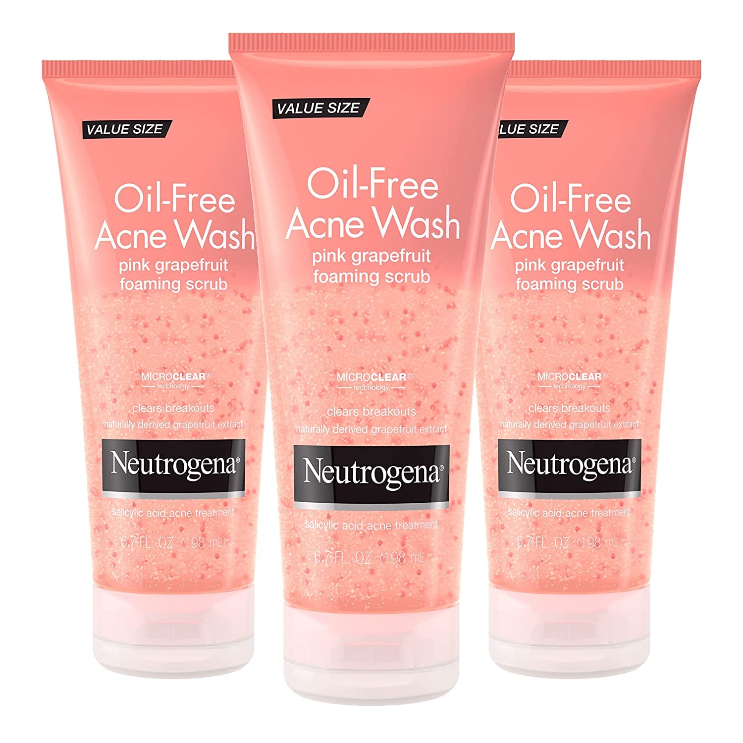 Neutrogena Oil Free Pink Grapefruit Acne Treatment Face Wash with Vitamin C, 2% Salicylic Acid, Gentle Foaming Facial Scrub to Treat & Prevent Breakouts, 6.7 Fl Oz, Pack of 3 - 24hrsmart
