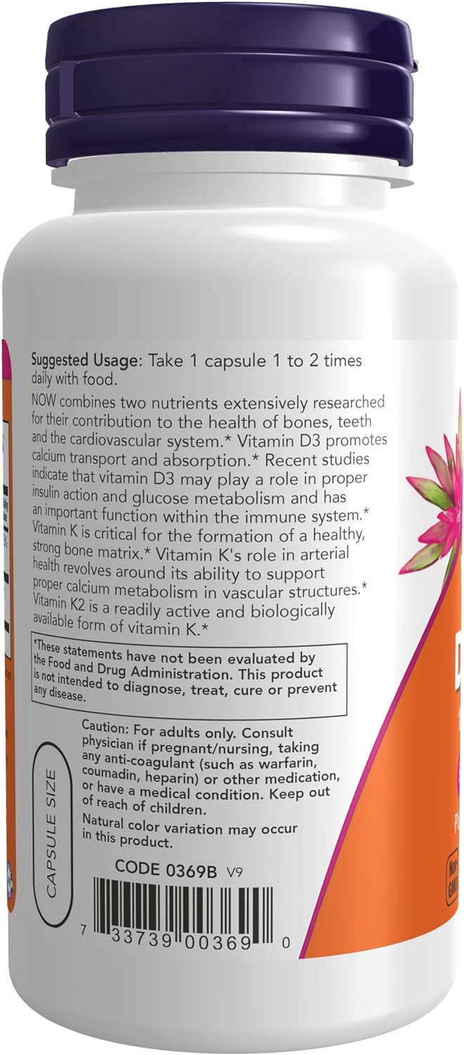 NOW Foods Vitamin D-3 & K-2, 120 Veg Capsules
