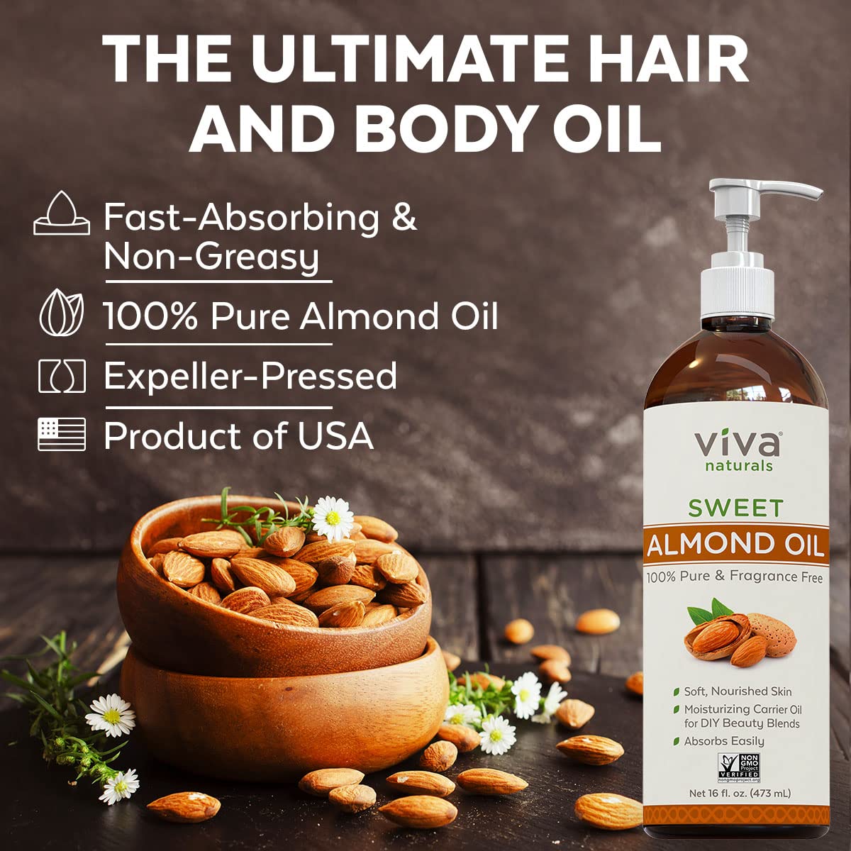 Viva Naturals Sweet Almond Oil - 100% Pure Hair and Skin Softener, Non-Greasy for Massage, Carrier Oil for Essential Oils and DIY Beauty Blends, Expeller-Pressed Almond Oil for Body, Non-GMO, 16 fl oz - 24hrsmart