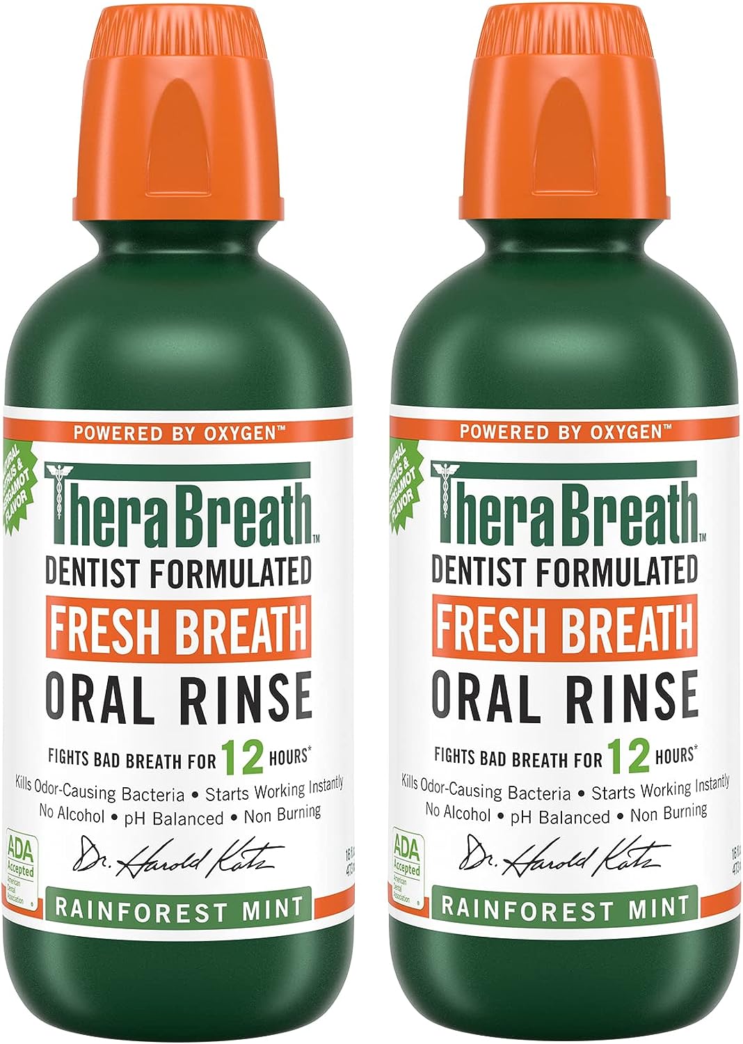 TheraBreath Fresh Breath Mouthwash, Rainforest Mint, Alcohol-Free, 16 Fl Oz (2-Pack) - 24hrsmart