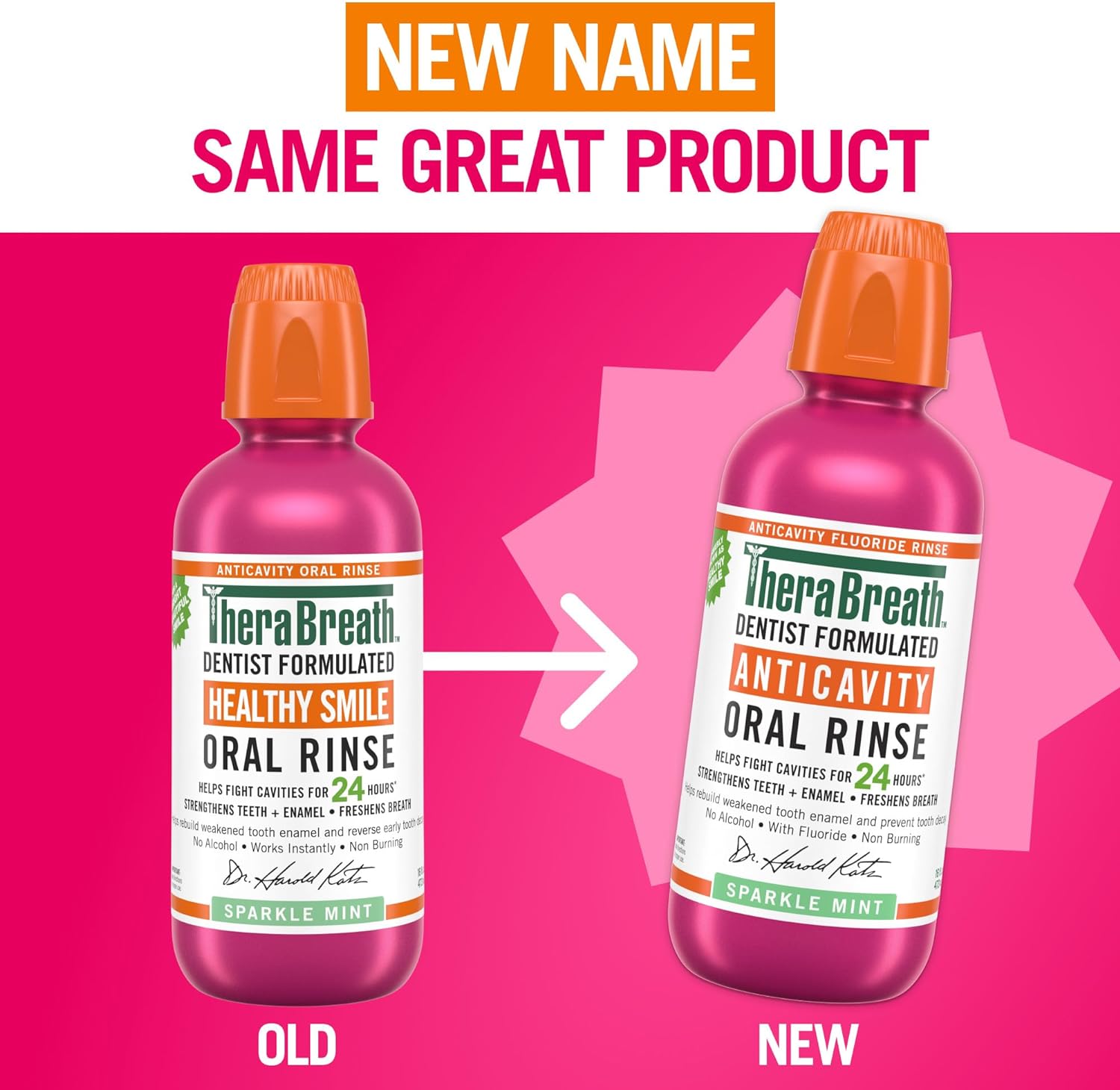 TheraBreath Cavity,Bad Breath Healthy Smile Dentist Formulated 24-Hour Oral Rinse, Fluoride Mouthwash, Sparkle Mint, 16 Ounce (Pack of 2) - 24hrsmart