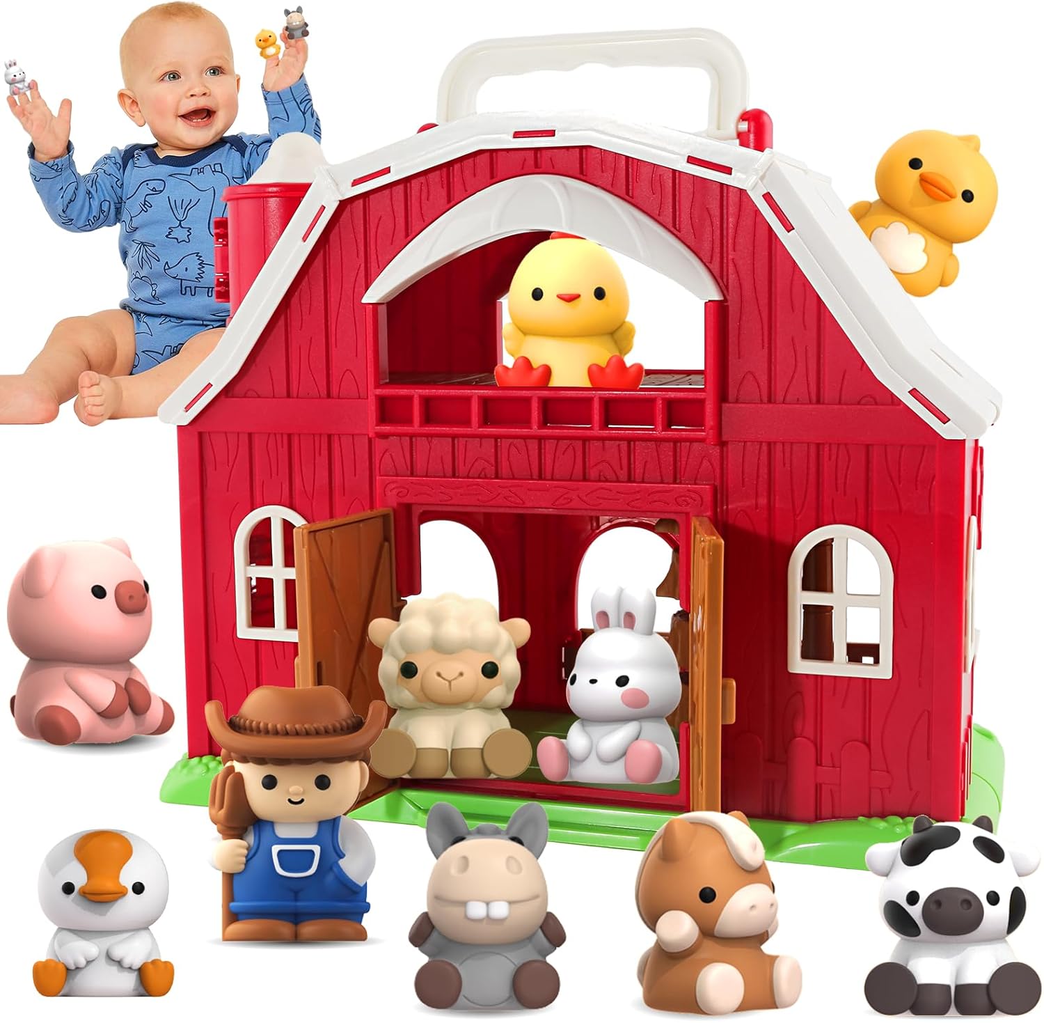 Toys for 1 2 3 Years Old Boys and Girls, Big Barn Toy with Farm Animal, Preschool Montessori Toy, Farm Playset with Big Red Barn & Farmer 24hrsmart