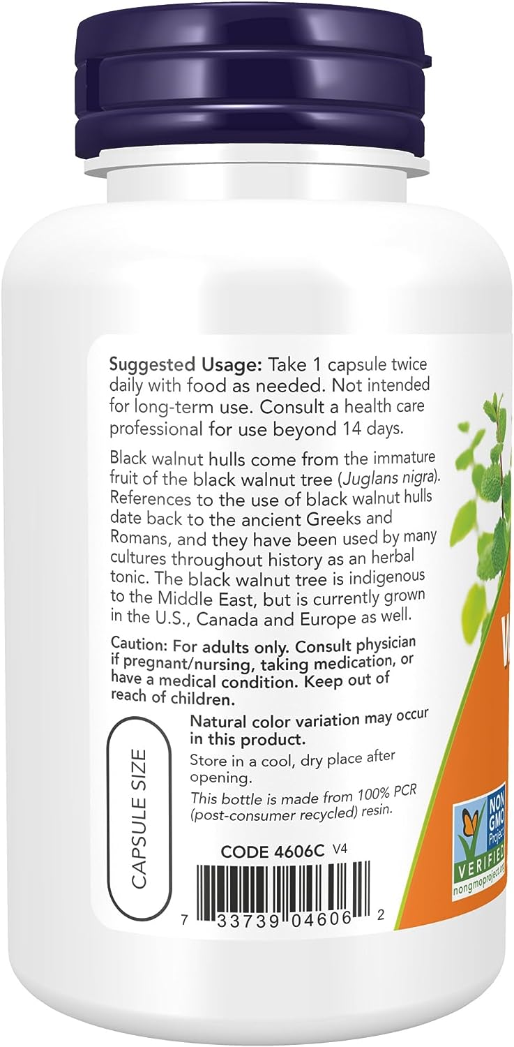 NOW Foods Black Walnut Hulls, 500 mg, 100 Capsules 24Hr Smart