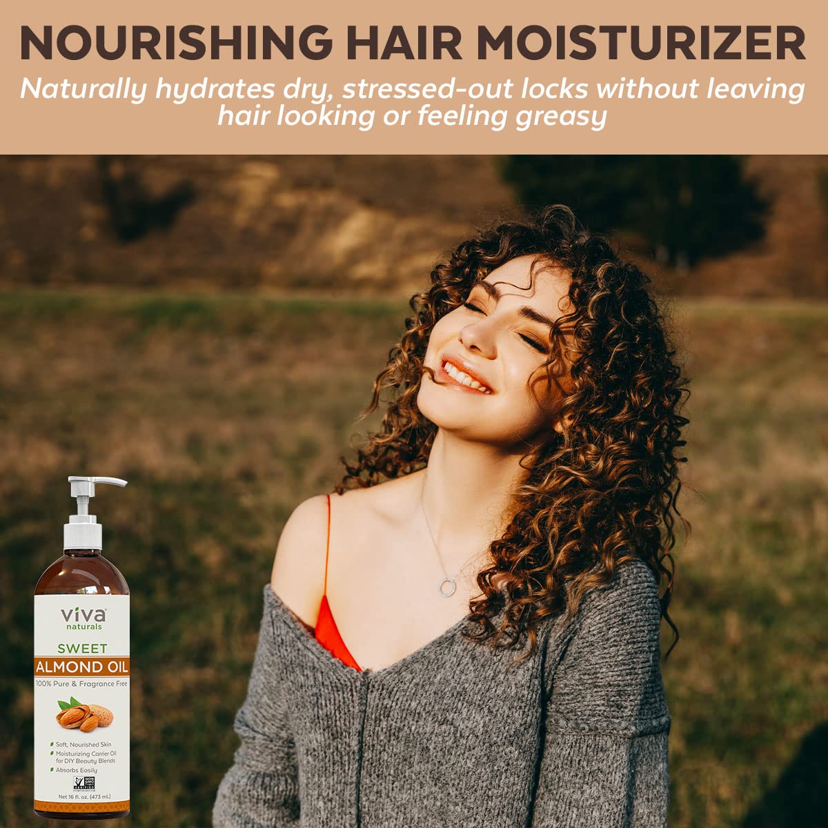 Viva Naturals Sweet Almond Oil - 100% Pure Hair and Skin Softener, Non-Greasy for Massage, Carrier Oil for Essential Oils and DIY Beauty Blends, Expeller-Pressed Almond Oil for Body, Non-GMO, 16 fl oz - 24hrsmart