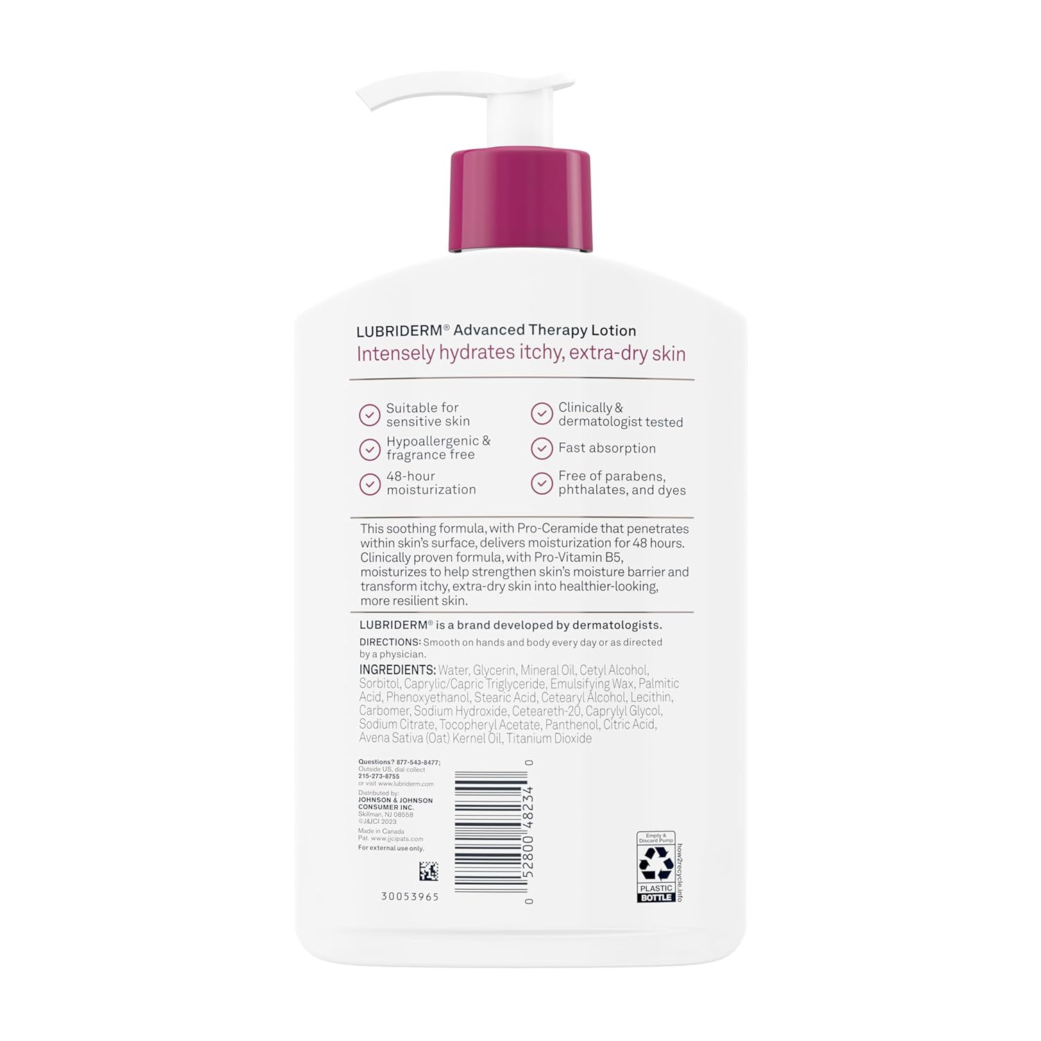 Lubriderm Advanced Therapy Fragrance Free Moisturizing Hand & Body Lotion + Pro-Ceramide with Vitamins E & Pro-Vitamin B5, Intense Hydration for Itchy, Extra Dry Skin, Non-Greasy, 16 fl. oz - 24hrsmart