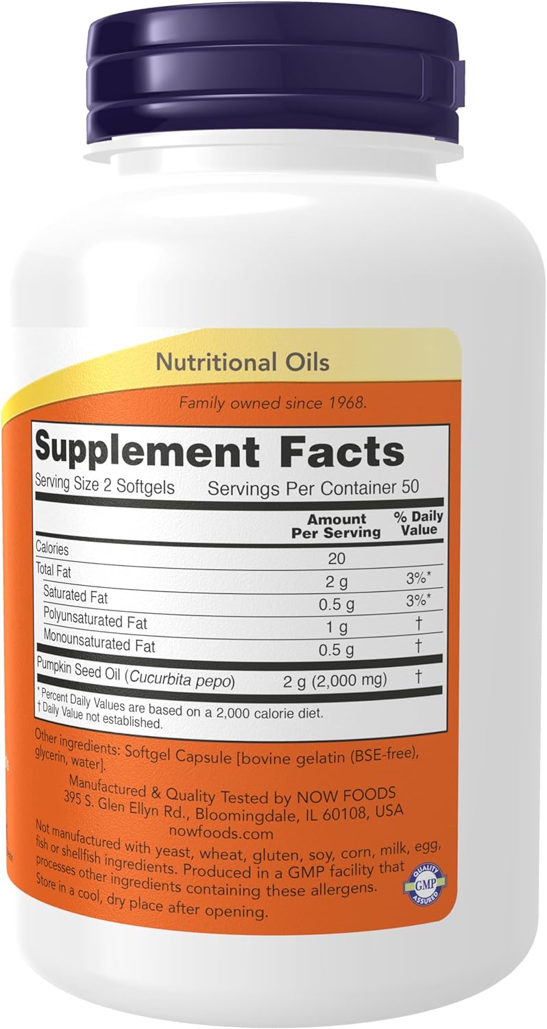 NOW Foods Pumpkin Seed Oil, 1000 mg, 100 Soft gels 24Hr Smart