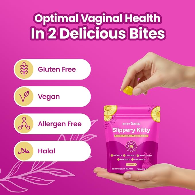 Kitty Queen Slippery Kitty gummies for feminine wellness, probiotic and moisture support.