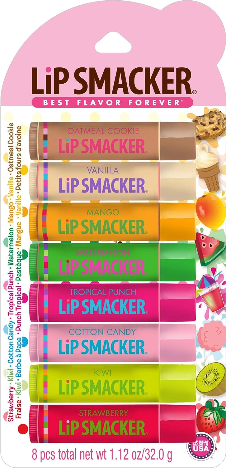 Lip Smacker Original & Best Holiday Flavored Lip Balm Party Pack, Oatmeal Cookie, Vanilla, Mango, Watermelon, Tropical Punch, Cotton Candy, Kiwi, Strawberry, Clear - 24hrsmart