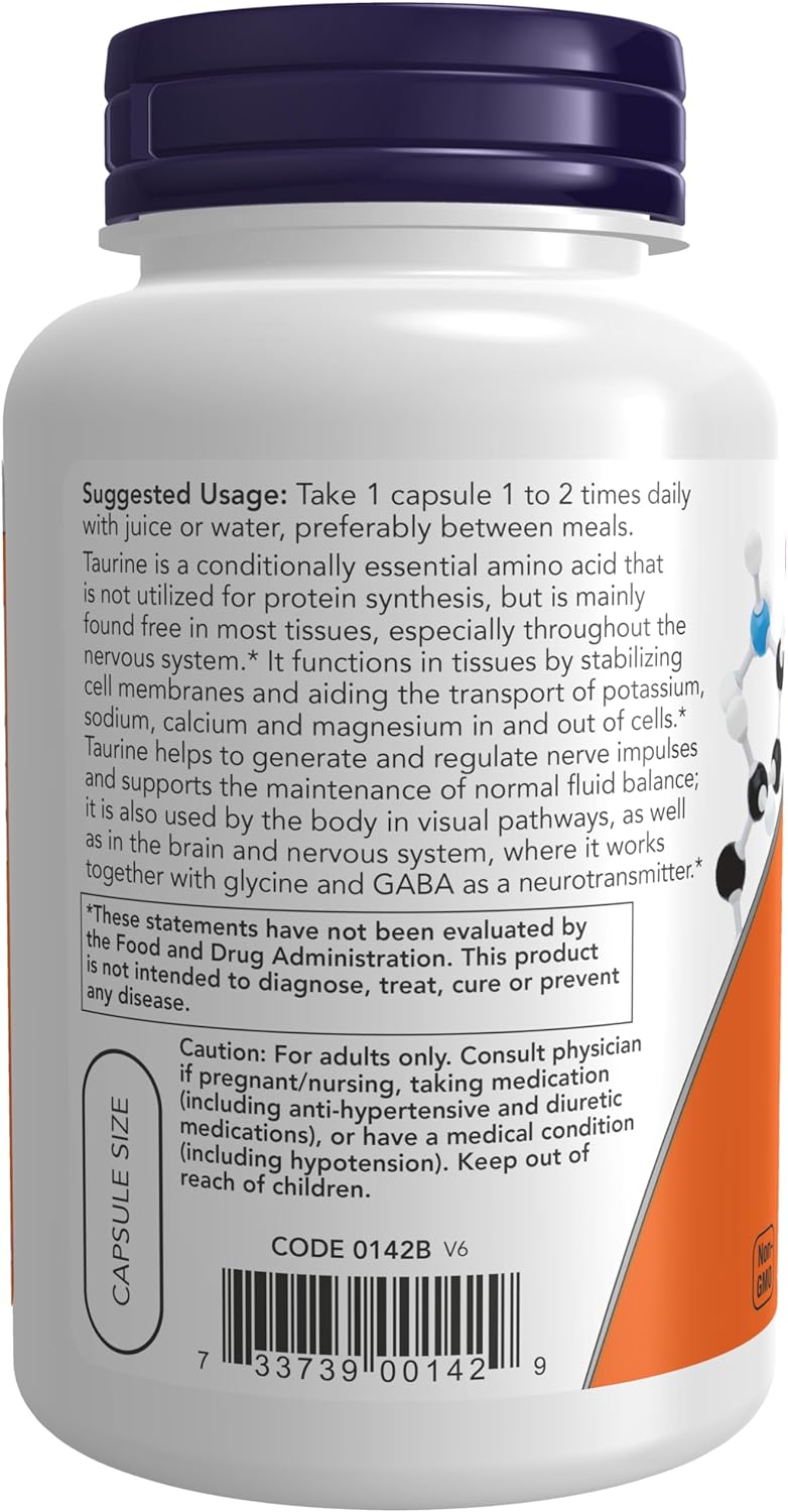 NOW Foods Double Strength Taurine 1,000 mg, 100 Veg Capsules 24Hr Smart