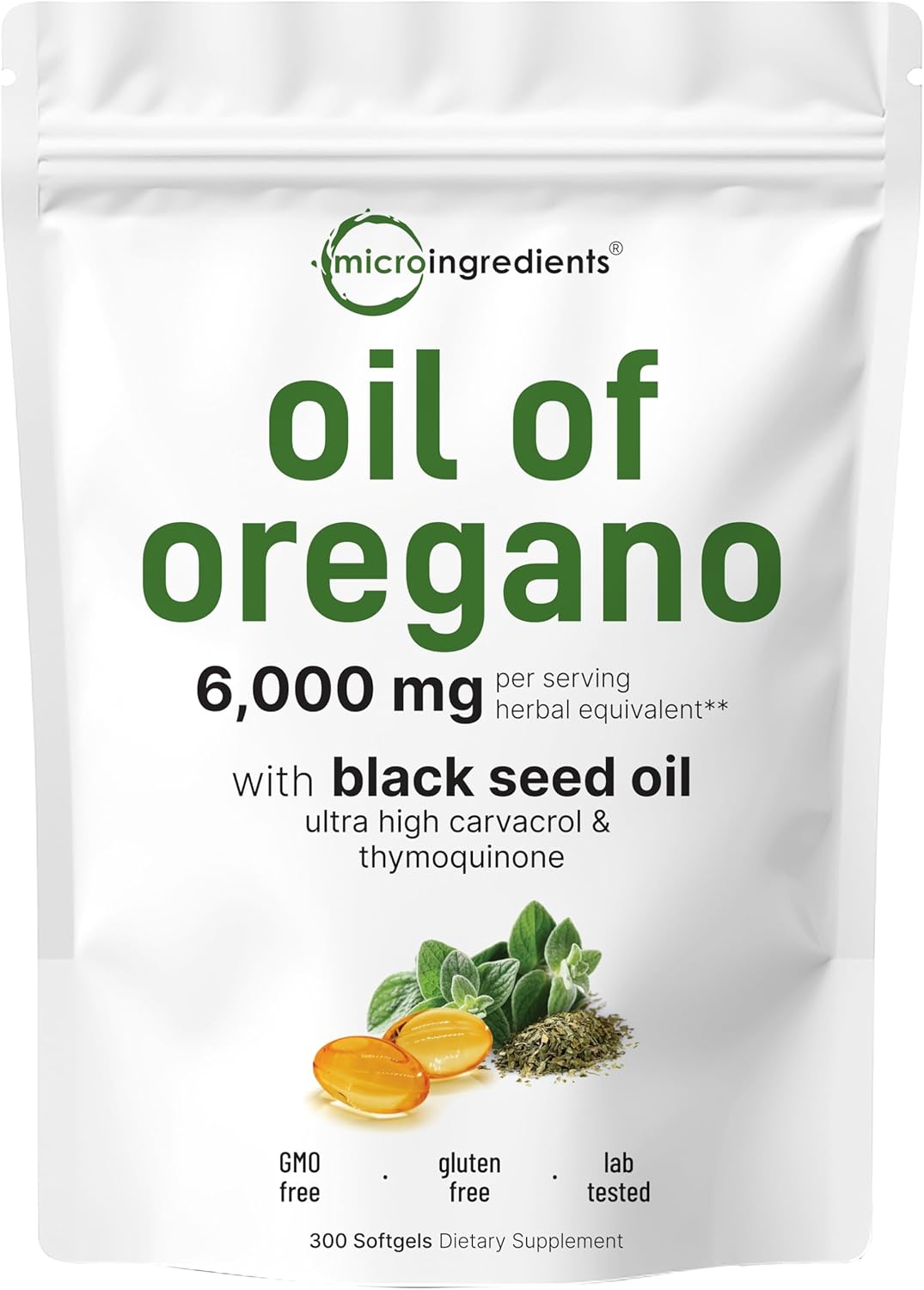 Micro Ingredients Oil of Oregano, 300 Softgel | Oregano Oil with Black Seed Oil, 4X Strength Carvacrol & Thymoquinone | Plant Based, Non-GMO | Antioxidant & Immune Support 24Hr Smart