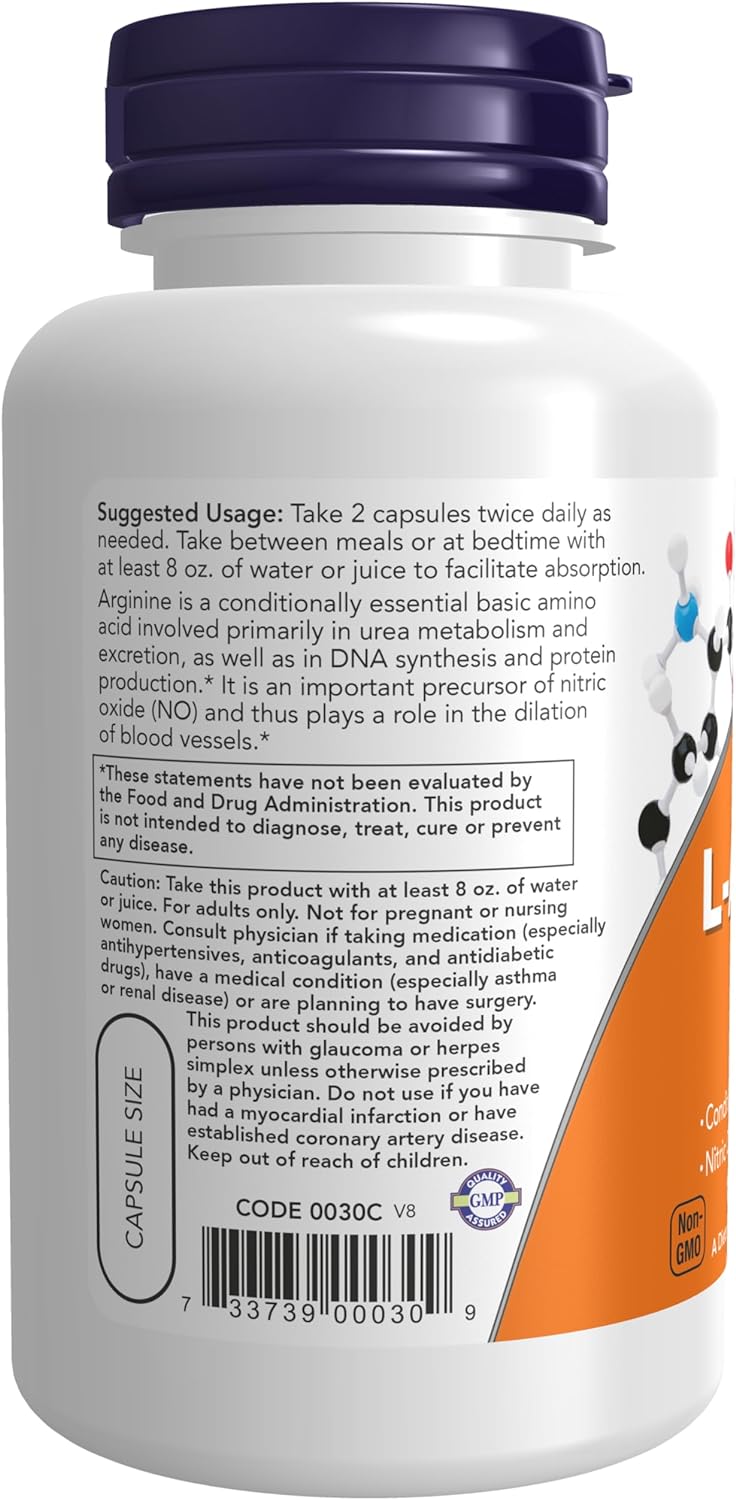 NOW Foods L-Arginine, 500 mg, 100 Capsules 24Hr Smart