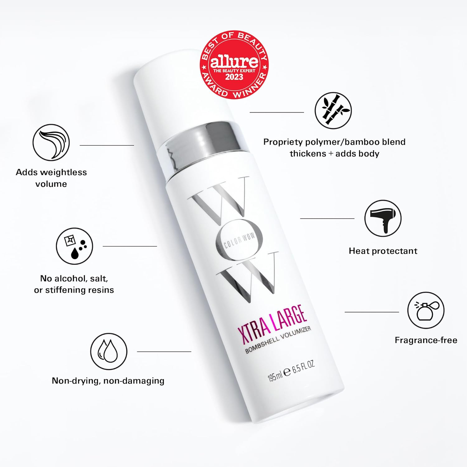 COLOR WOW Xtra Large Bombshell Volumizer – Brand new alcohol free volumizing technology; weightless, non drying, non dulling; instantly thickens fine, flat hair; last for days - 24hrsmart