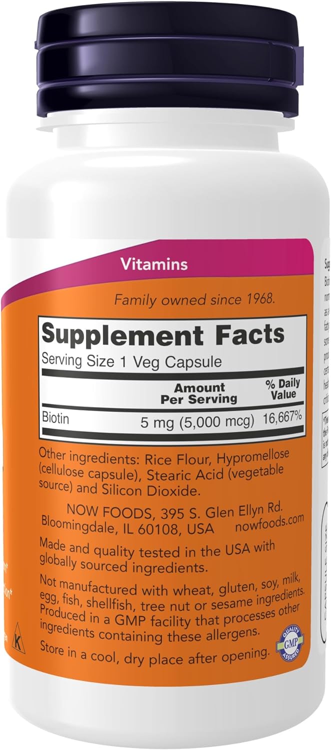 NOW Foods Biotin, 5000 mcg, 60 Veg Capsules 24Hr Smart