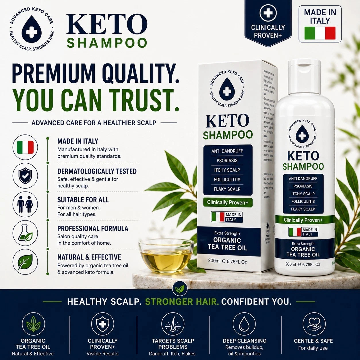 Keto Shampoo Tea Tree Oil Anti Dandruff Shampoo for Itchy Flaky Dry Scalp 200ml - 24hrsmart