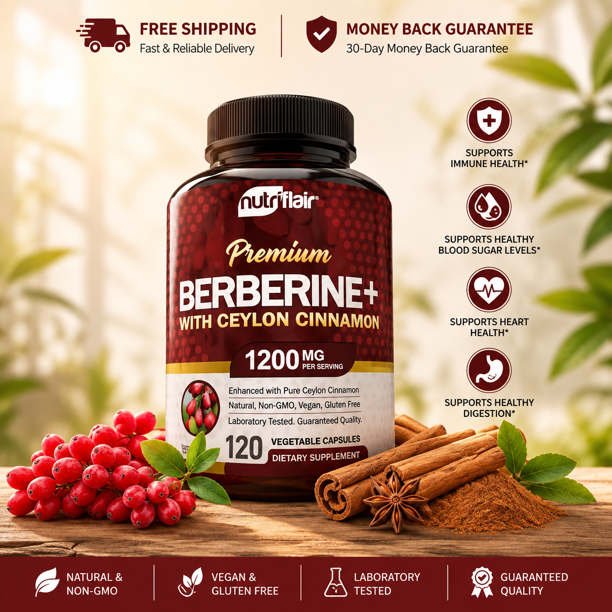 Berberine HCL Premium Extract Ceylon Cinnamon Antioxidant 1200mg 120 Capsules - 24hrsmart
