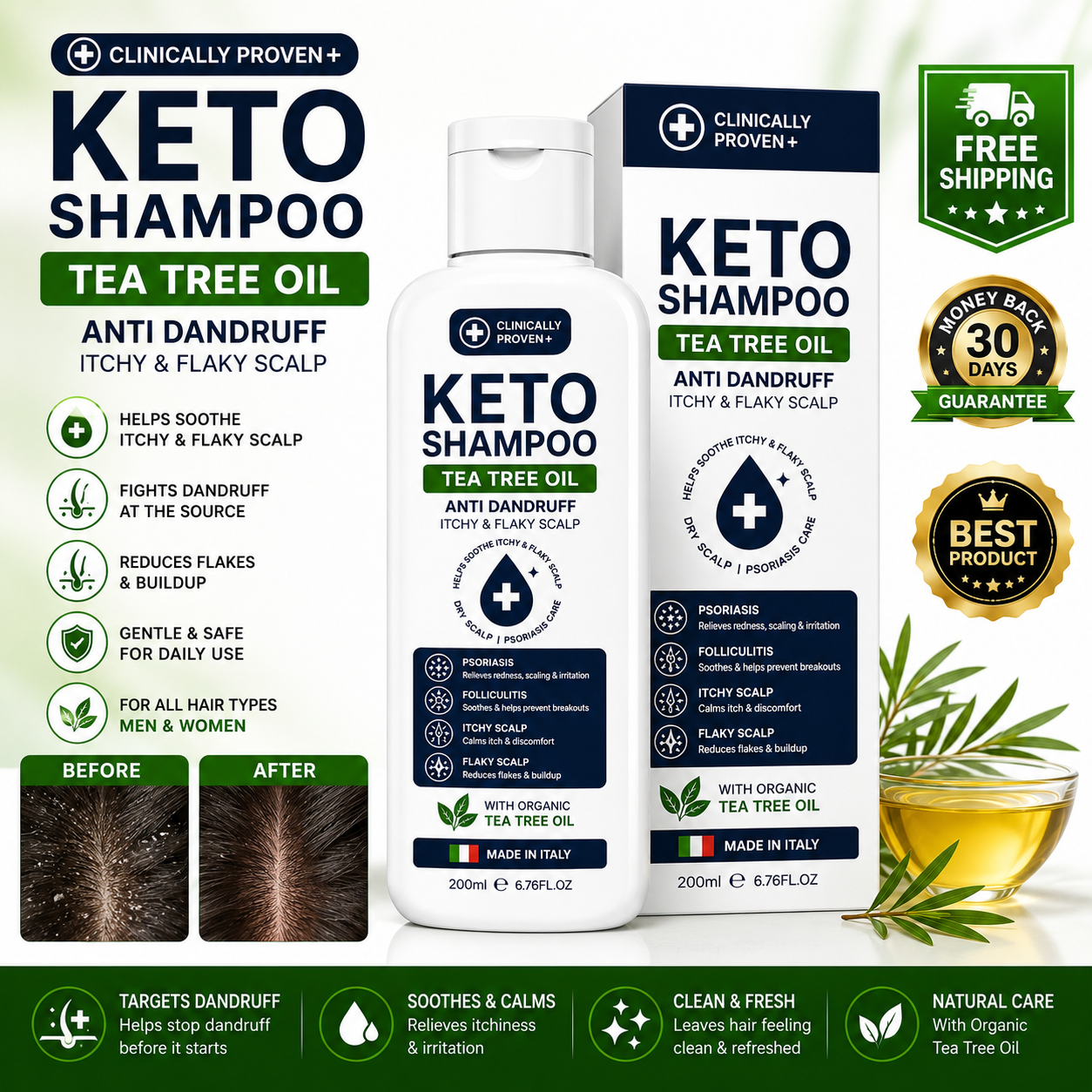 Keto Shampoo Tea Tree Oil Anti Dandruff Shampoo for Itchy Flaky Dry Scalp 200ml