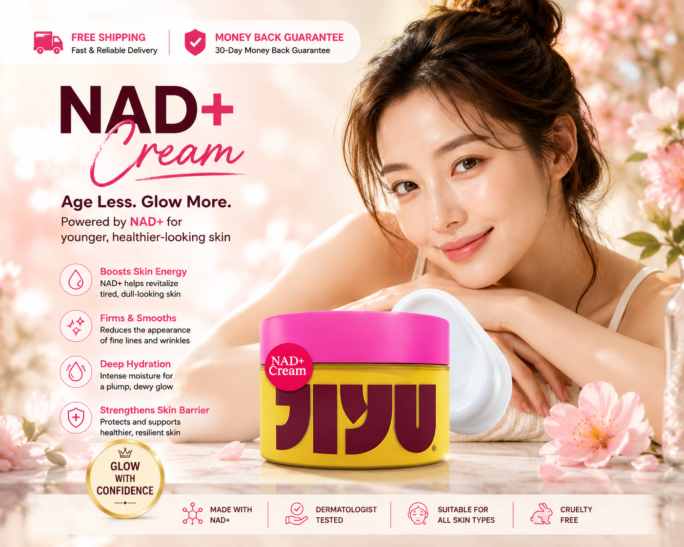 JIYU NAD+ Anti-Aging Face Cream 5X Hyaluronic Acid Skin Repair Moisturizer - 24hrsmart