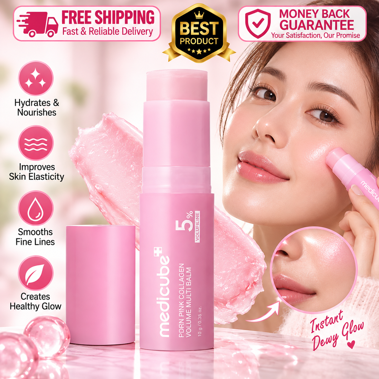 PDRN Pink Collagen Multi Balm Stick 10g for hydrating and moisturizing dry skin