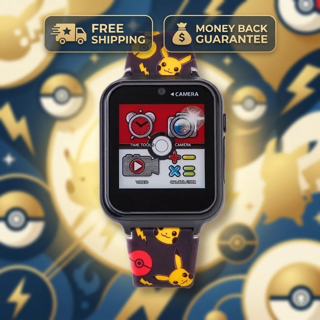 A kids' smartwatch with a black bezel and a dark purple band featuring Pikachu and Pokéball motifs, shown against a Pokémon-themed background. Two promotional badges at the top read 'FREE SHIPPING' and 'MONEY BACK GUARANTEE'.