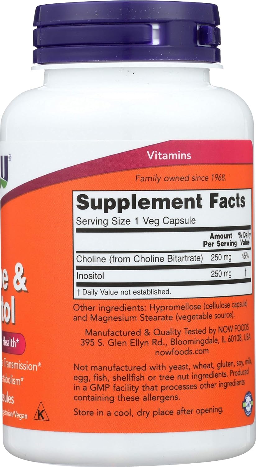 NOW Foods Choline & Inositol, 500 mg, 100 Capsules 24Hr Smart