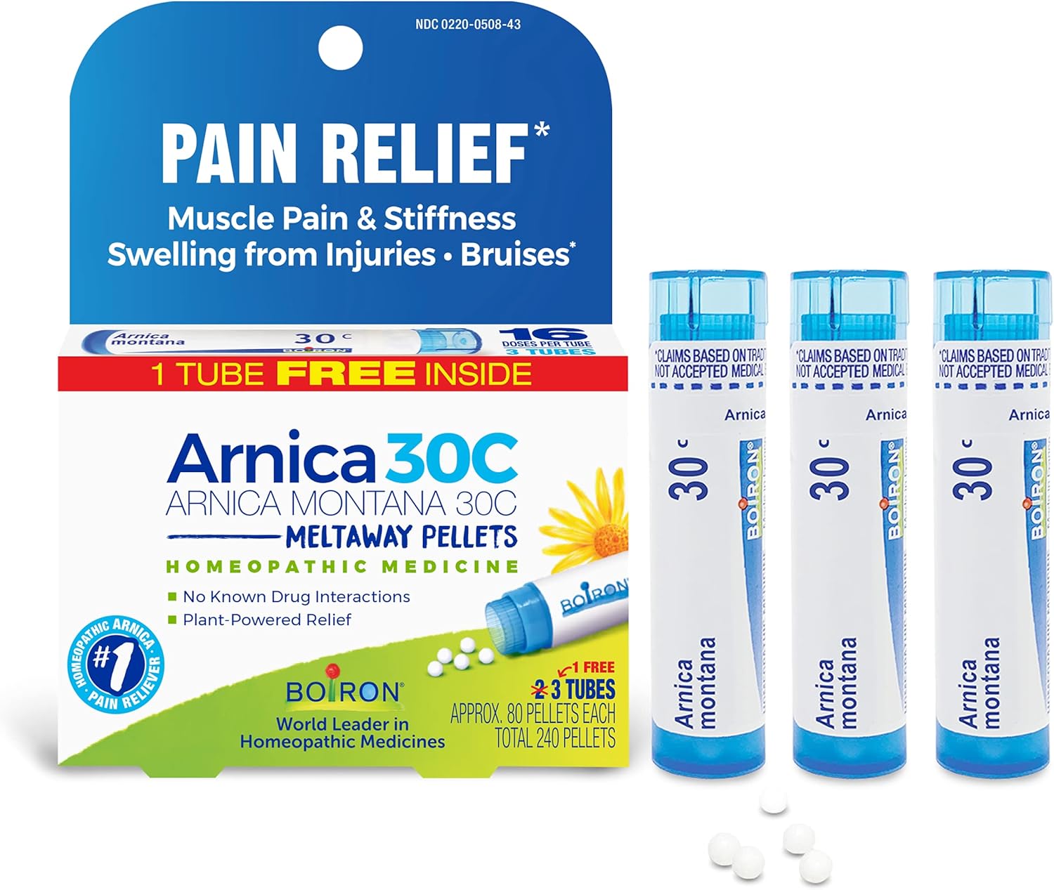 Boiron Arnica Montana 30C Homeopathic Medicine for Relief from Muscle Pain, Muscle Stiffness, Swelling from Injury, and Discoloration from Bruises - 3 Count (240 Pellets) 24Hr Smart