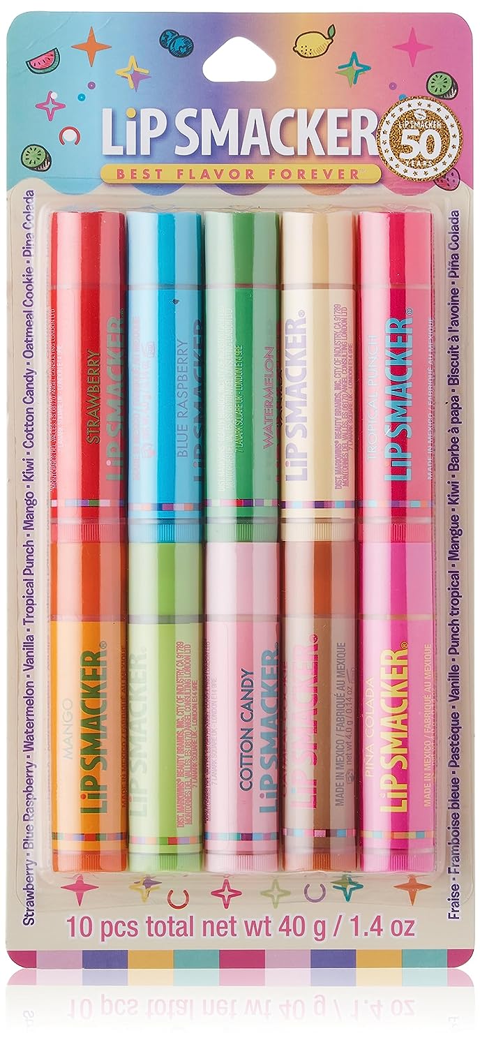 Lip Smacker Original & Best 10 Piece Lip Balm Party Pack Oatmeal Cookie, Vanilla, Mango, Watermelon, Tropical Punch, Cotton Candy, Kiwi, Strawberry, Blue Raspberry, Pina Colada - 24hrsmart